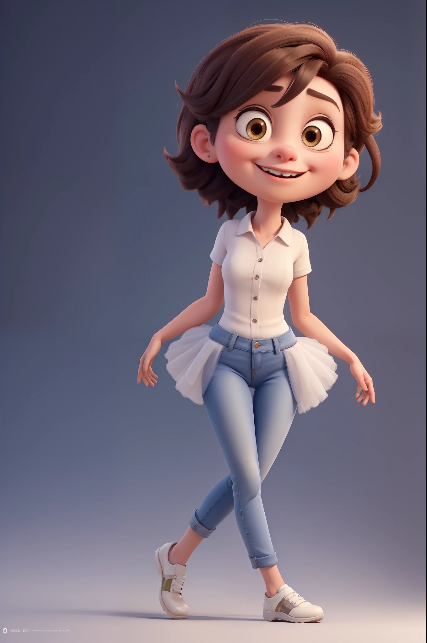 Cartoon Caricature, Adorable,  Disney Makeup,Big Eyes Girl, Smileing,whitebackground, Her hands are in graceful ballet mode, Wear long jeans and shoes, small ears;;;;, Full body,  intense colors, Very valuable details, complex details, volumetric lighting, digital art, 8k, trending on Artstation, Clear focus, complex details, highly detail, Greg Rutkowski Big Eyes, high-resolution,