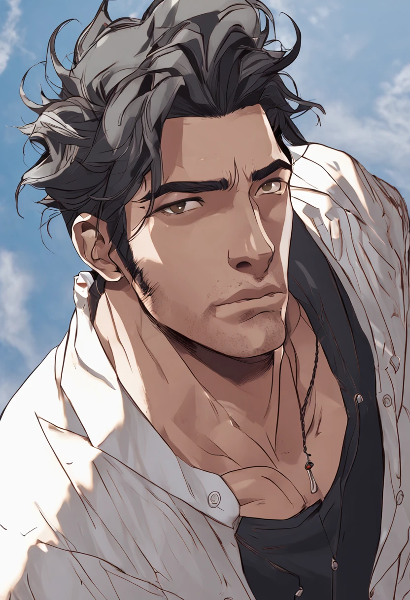 cabelo branco, olho laranja, humano, masculino, sobretudo preto, anime, pele escura --auto --s2