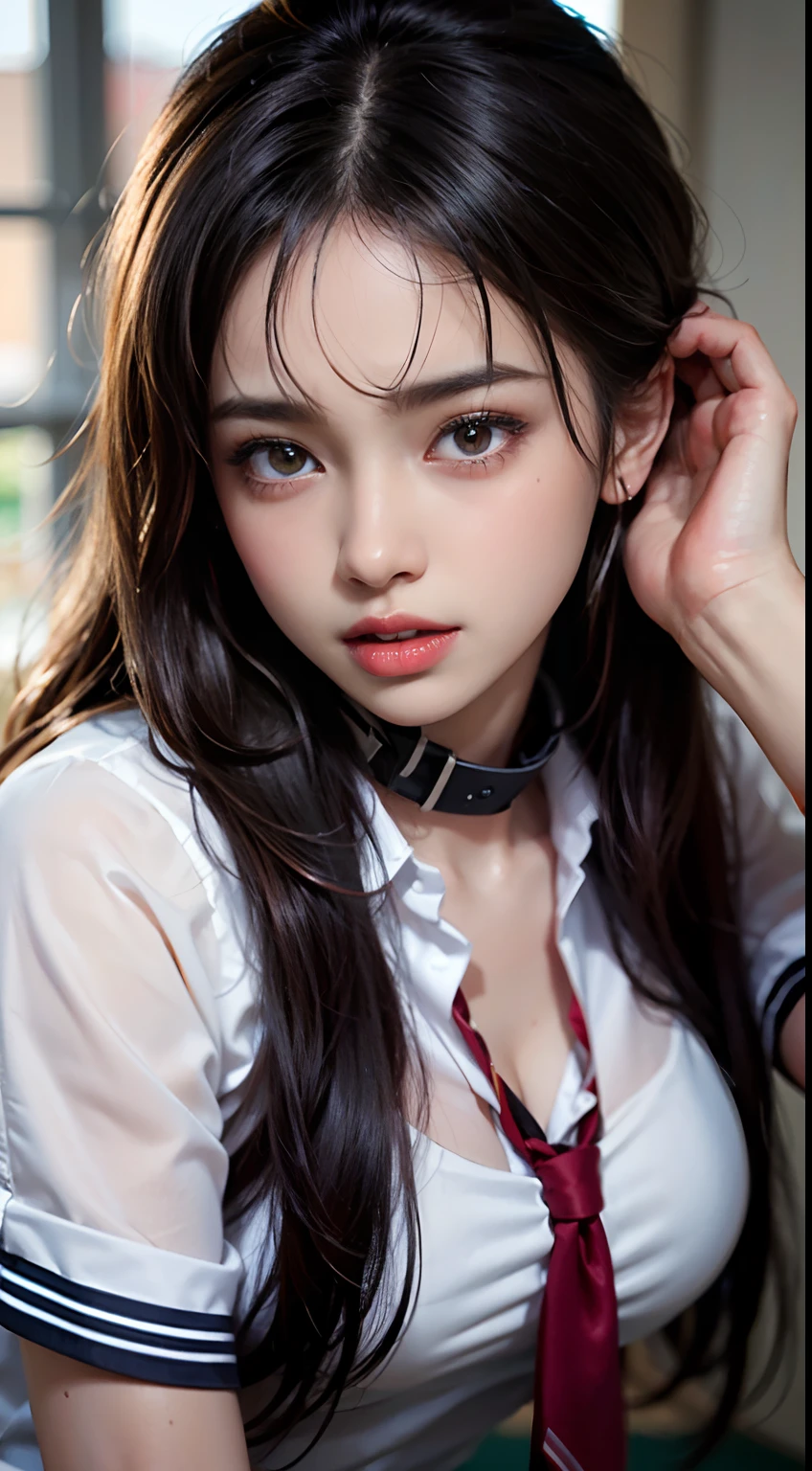 Black hair, (Long hair), Black eyes, (Glowing eyes), (White thighs: 1.2), Orgasmic face, seduction, , Seductive look, Black face, Charming, Blush, Shy, Disgusted, Disgusted, (mediating), Played badly, looking at someone, oh hey face, comfortable, Screaming, with her mouth open, Drooling, sexual convulsions, White skin, Red, Rosy face, Sweat, Wet body, Color, Alone, crying on the ground in school uniform, duck sitting, desire frustration, feeling of solitude, fondling, sexual pleasure, enduring pleasure, elk-off, attractive facial expression, (detail depiction of crying on the ground in school uniform), (duck sitting detail depiction front), detail depiction, Bust (Masterpiece), (Highest quality), Very detailed, Exquisite, Beautiful, ( Beautiful girl), (Collar, Collar), (detailed pink areola nail: , (delicate depiction of skin), (voluminous skin: 1.4), 8k wallpaper in first-class CG quality, Realistic, Master level, Masterpiece, Portrait, Center, beautiful Chinese and Korean mixed idol, (super detailed description face and face details), (Blush), Lip biting makeup, Sweet smile, Perfect facial features, Red eyes, Blind band + Hair above one eye, (Ruby nail). Fat_ mons, Cameltou,