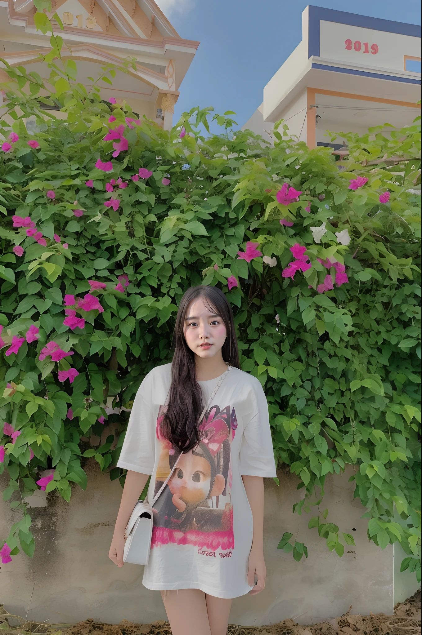 araffe girl standing in front of a wall with flowers, with flowers, girl in flowers, xintong chen, standing in flower field, dang my linh, standing in a flower field, wenfei ye, profile pic, with ivy, very very low quality picture, Middle metaverse, girl frontal in a flower field