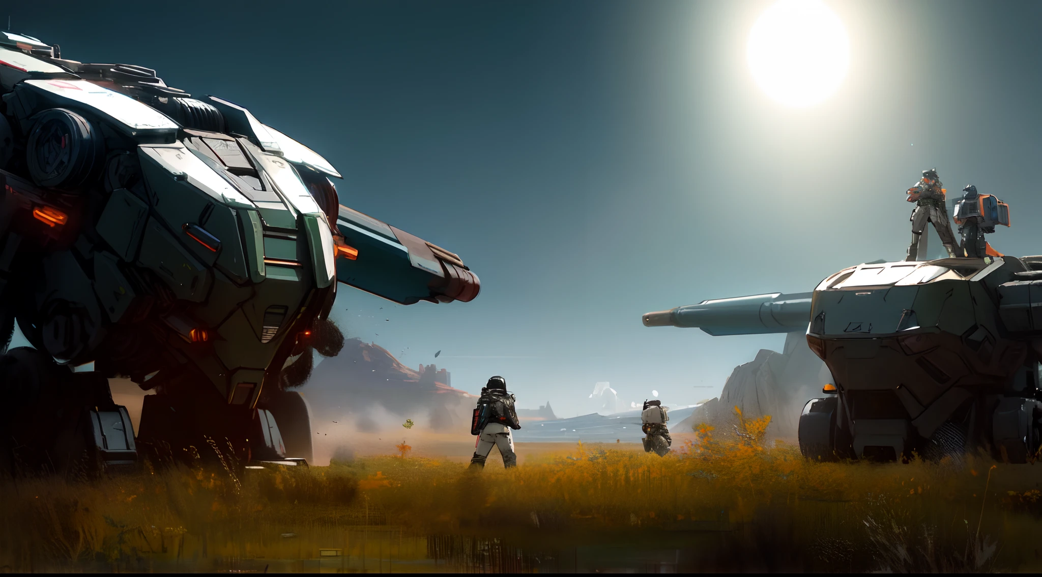 pair_of_mechwarriors_posing_on_their_battlemechs_solaris_world_battletech_lore_cute_scifi_face_in_the_style_of_Assassin_s_Creed_by_Weta_Digital_Ray_Tracing_Reflections_by_moebius