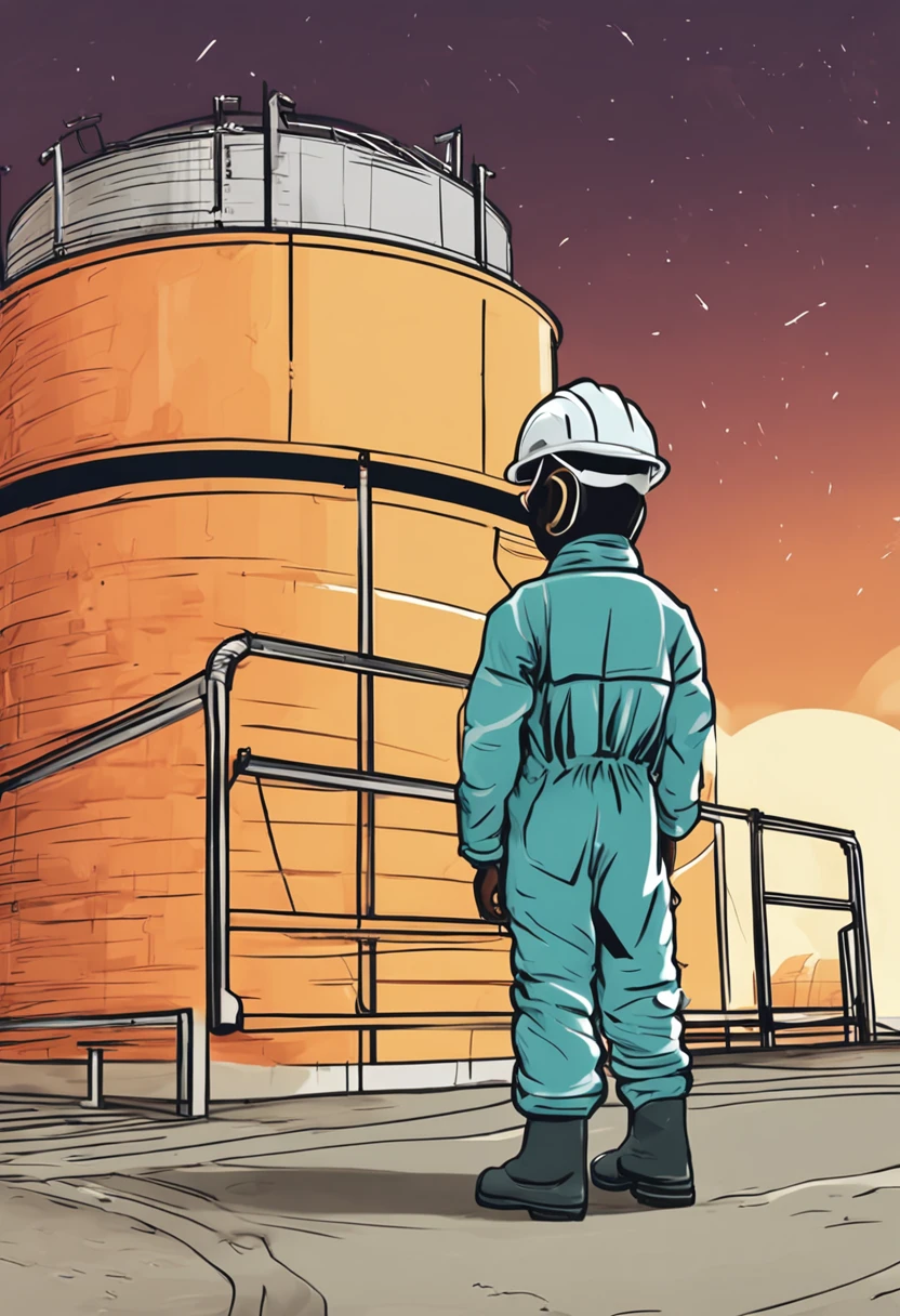 a black child dressed in PPE (capacete, corda, WMASK, eyeglass, Work safety clothing to enter the soybean silo in Brazil), The environment has silos and grain dryer, hq anime, 4k, Realistic
