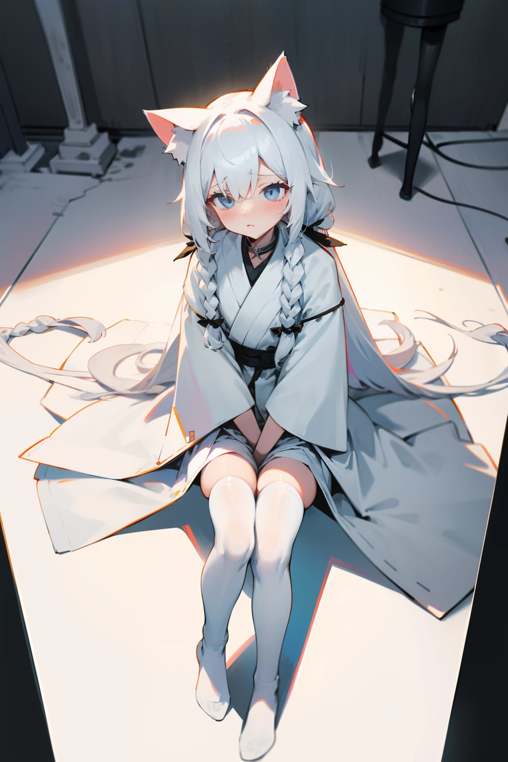 Need，tmasterpiece，Youth，White，cat ear，long white robe，quadratic element，apathy，long  white hair，SideBraid，Look up，astonishment，Sit on your knees，white stockings