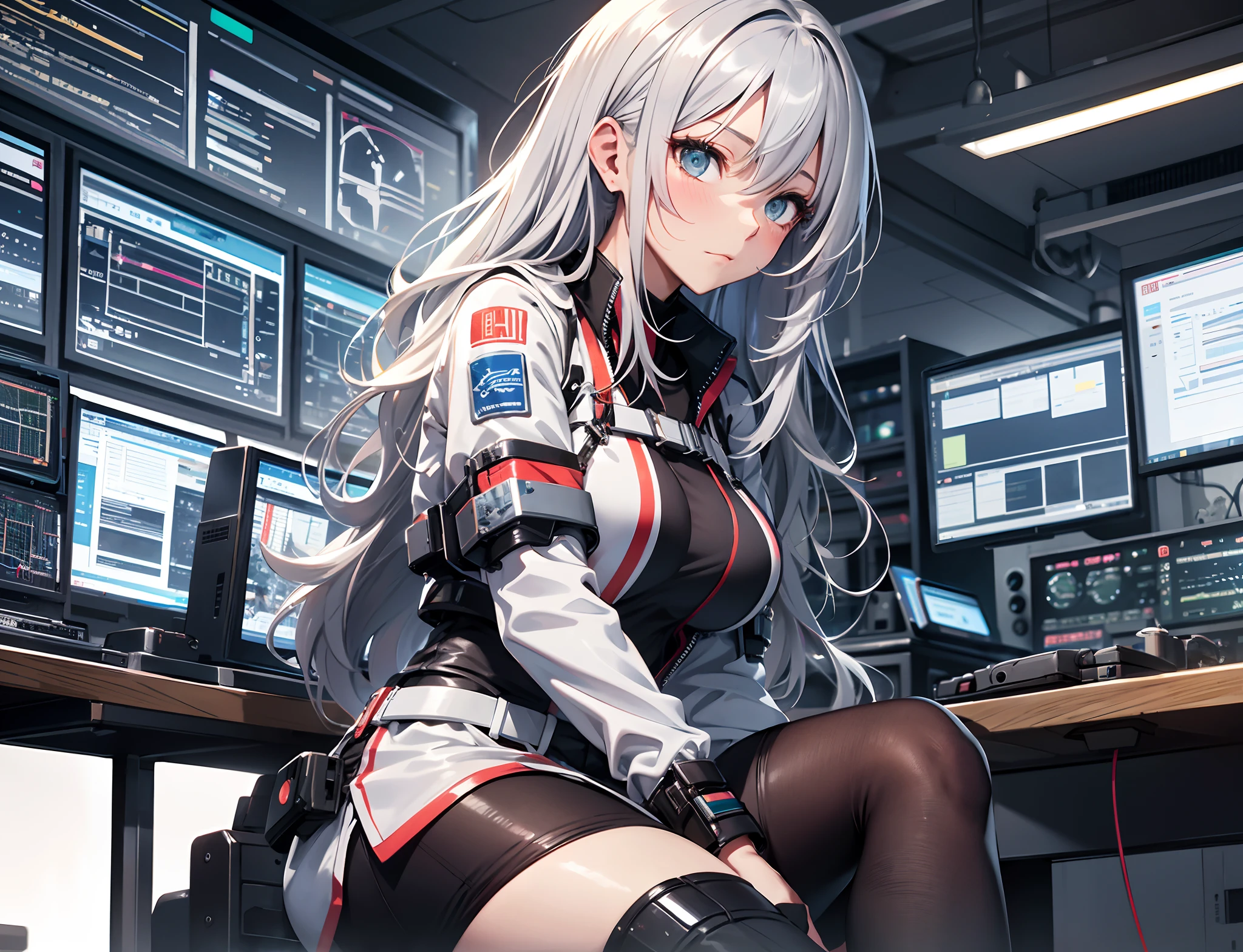 Absurd resolution, High resolution, (masutepiece: 1.4), Hyper-detailing, Young silver-haired woman dressed as technician, Blushing、Anxious look, neons、Sitting in a very narrow and closed mech control room