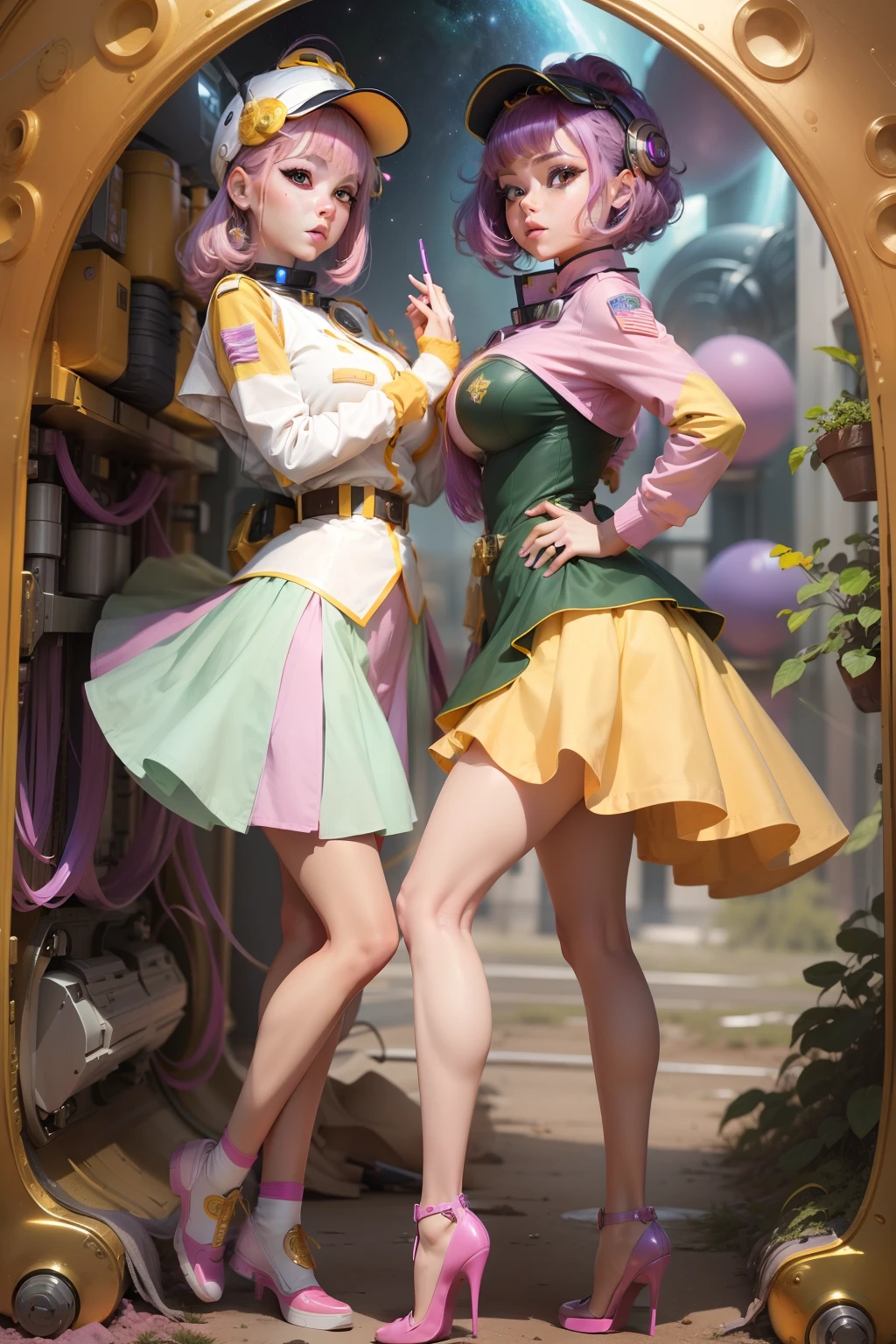 Cute space woman in multi-colors, skin flesh pink, hair violet-pink, uniforms purple and gold, background yellows, and army green 24k resolution hyperdetailed.