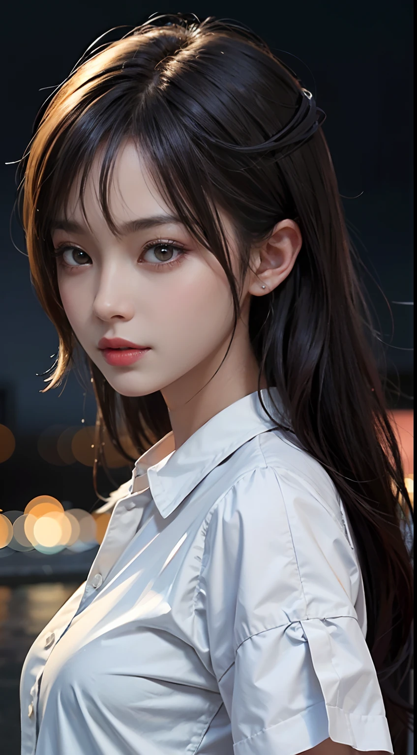 tmasterpiece, 1 beutiful girl, Detailed eyes, puffy eye, Best quality at best, hyper HD, (Realistis: 1.4), RAW photogr, 1girll, 电影灯光, ssmile, jpn, a asian beauty, Korea, Neat atmosphere, Super beautiful, Small young face, Beautiful skins, slim, cyberpunk backgrouns, (hyper realisitc), (A high resolution), (8k), (The is very detailed), (Most Best Illustration) , (Beautiful and detailed eyes), (ultra-detailliert), (the wallpaper), (详细的脸), looki at viewer, finely detailled,A detailed face,pureerosfaceace_v1,ssmile,46-point diagonal bangs,Face straight ahead,Neat clothes,Black colored eyes,Wet hair in the rain,The clothes ar(Stylish white fold-down collar irregular shirt feel dress),body facing the front,