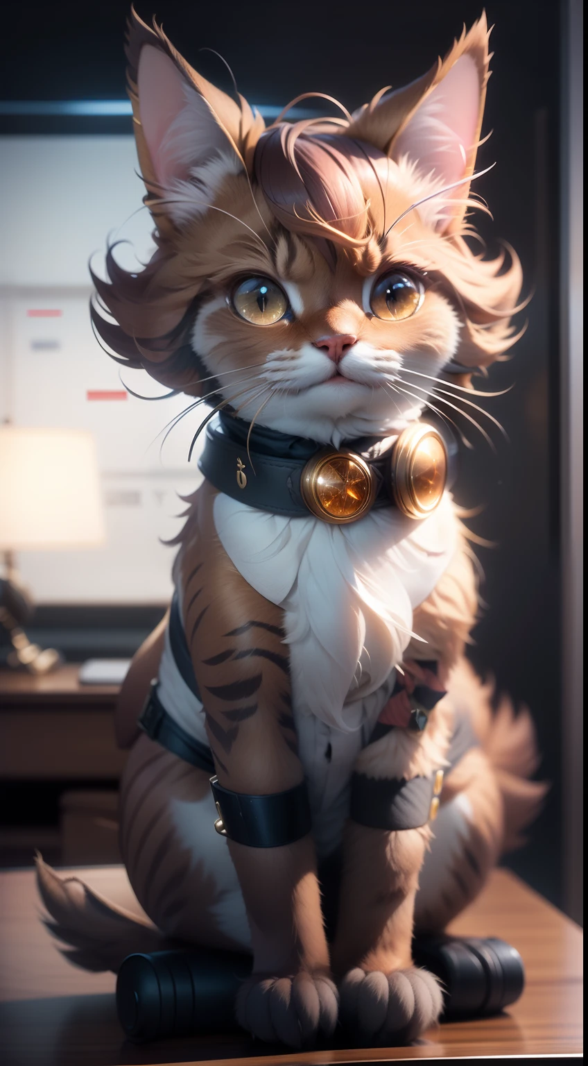 A stylish business cat perched on a mahogany desk, Its fur sparkles in the office lights.