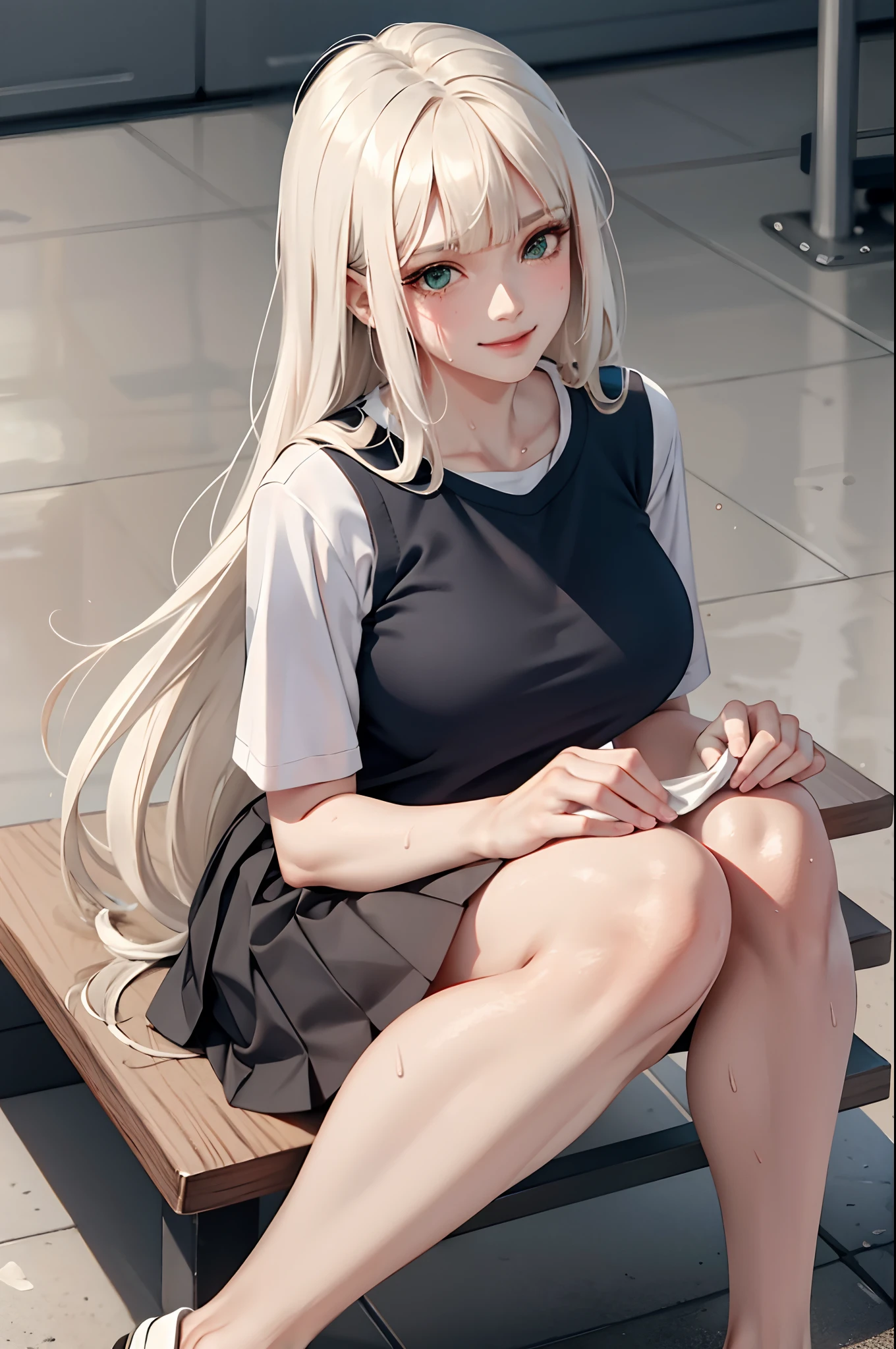 (masterpiece:1.2, best quality), (real picture, intricate details), 1lady, solo, full body, sitting, casual, long hair, minimal makeup, natural fabrics, close-up face, smile, long light platinum blonde hair, bangs, Korean bangs, bangs on forehead, green eyes, big breasts, bis tits, mature body, detailed face, sweaty, sweat, extremely sweaty, cute school uniform, pleated skirt, school skirt, school t-shirt, cute unform, school, school setting, sweaty body