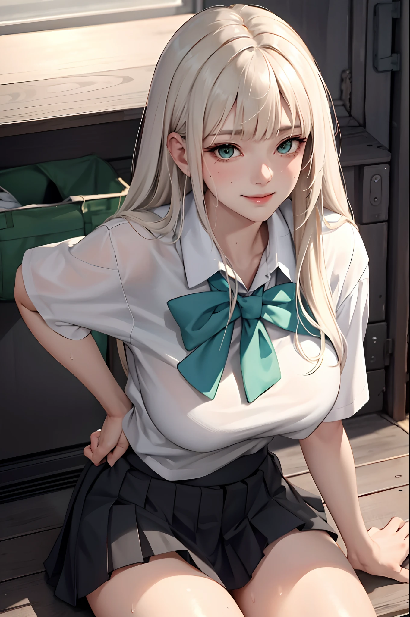 (masterpiece:1.2, best quality), (real picture, intricate details), 1lady, solo, full body, sitting, casual, long hair, minimal makeup, natural fabrics, close-up face, smile, long light platinum blonde hair, bangs, Korean bangs, bangs on forehead, green eyes, big breasts, bis tits, mature body, detailed face, sweaty, sweat, extremely sweaty, cute school uniform, pleated skirt, school skirt, school t-shirt, cute unform, school, school setting, sweaty body