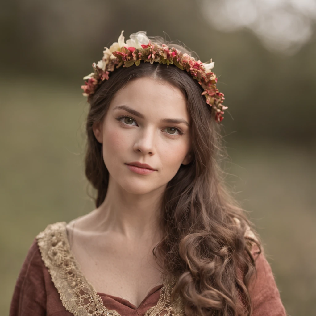 realism, painting, Fantastic tale, Christmas style, John Tolkien style, Small painting by Jean-Baptiste Monge, dark brown blonde with blue eyes and a flower crown in a field, Великолепная цифровая painting, beautiful Portrait in fantasy style, beautiful fantasy portrait, detailed beautiful portrait, красивая цифровая painting, detailed beauty portrait, Beautiful digital images, digital fantasy portrait, Portrait in fantasy style, Detailed matte fantasy portrait, fantasy portrait art, потрясающая цифровая painting, fantasy portrait, beautiful drawing of the characters, beautiful digital illustration, Jean-Baptiste Monge, anthropomorphic --ar 2:3 --testp - optimistic;  Straight hair
