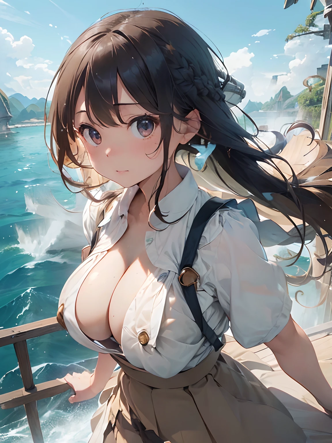 1girl in,(Leaning forward:1.3),Light Brown Fringe Longhair、Braided hair、disheveled hair、Light brown eyes、(dignified expression)、(Extraordinary beauty)、white  shirt、(cleavage cutout),(Open Shirt),(爆乳:1.5)、(voluminous udder:1.5)、Emphasize the valley、(Skirt flips in the wind:1.5)、blue-sky、(Photorealsitic)、(intricate detailes:1.2)、(​masterpiece、:1.3)、(top-quality:1.4)、(超A high resolution:1.2)、超A high resolution、(A detailed eye)、(detailed facial features)、(sea breeze:2.0)、Fashion Model Pose