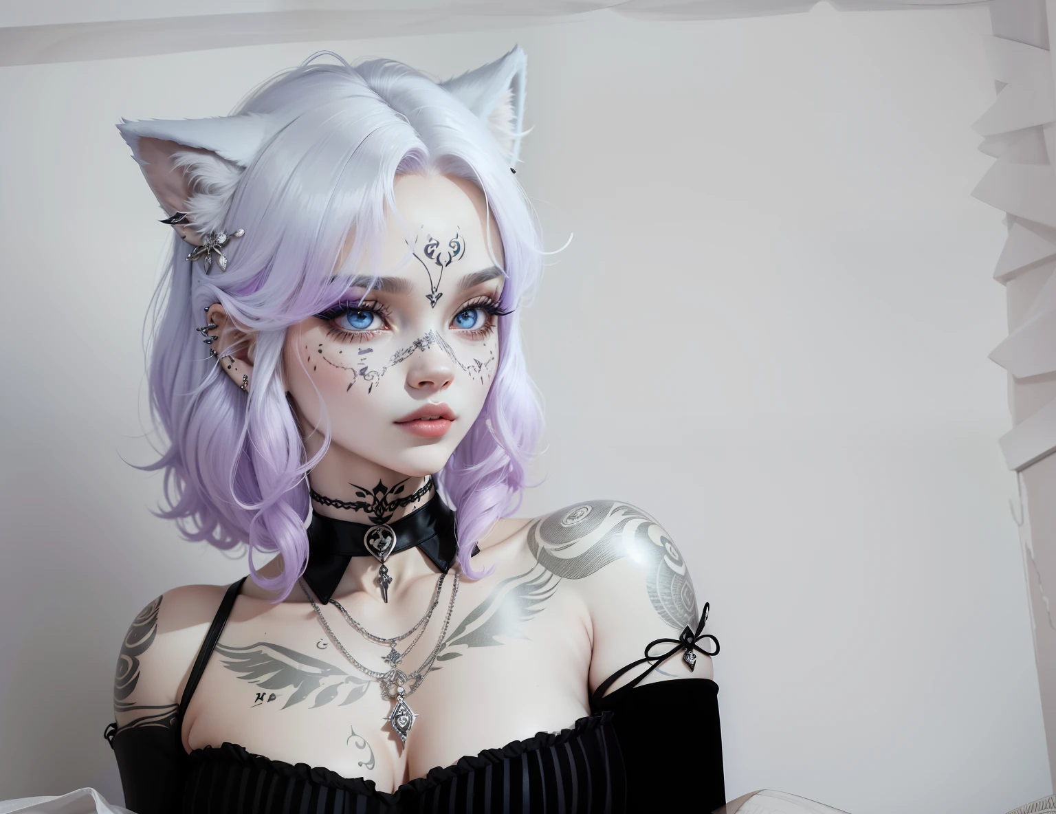 (Anthropomorphic wolf cute cub) orelhas de lobo,com um corce preta, um olho azul e outro branco , heterocromia nos olhos ,cabelo platinado curto cacheados com pontas roxas,bad girl, Moon birthmark on forehead 🌕🌙, Hibrido,jovem, retrato, busto, postura de frente para a camera, Cartoon, vestido como uma vesater roqueira metaleira dos anos 80 obra prima, postura de confiante, youtuber, fleshy lips , piercings no nariz e nas orelhas de lobo, tatuagens pelo corpo, tattoo de lua 🌙 acima dos seios,asas de anjo negro nas costas, e coleira , dark purple choker on neck, Hand with drag gloves, colares , piercings , orelha de elfo