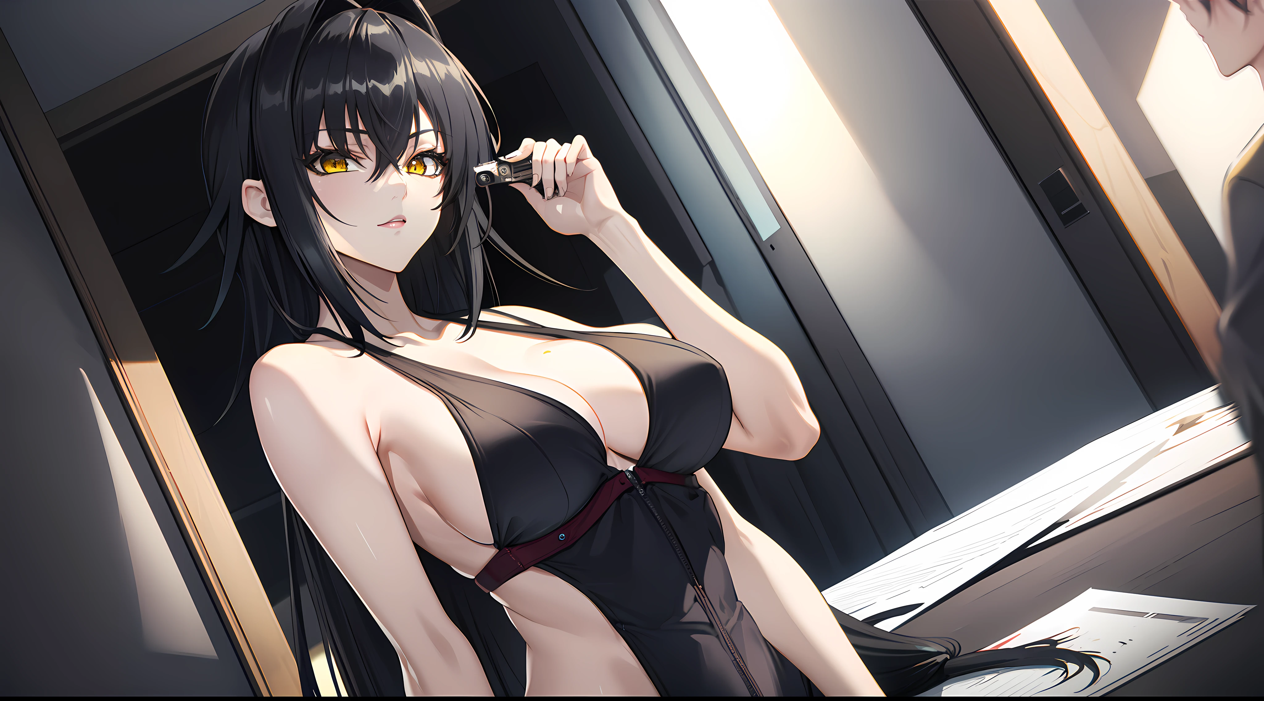 professional artwork, Intricate Details, field of view, sharp focus, detailed painting, photorealistic lighting, trending on pixiv,(masterpiece:1.0),(best_quality:1.0), ultra high res, ultra-detailed, photography, 8K, HDR, highres, absurdres:1.2, Kodak portra 400, film grain, sharp focus, bokeh:1.2, lens flare, (vibrant_color:1.2), (((indoors, dark night district))), Annerose, 1girl, female mature, ((long hair, only black hair:1.4)), (yellow eyes), large breasts, ((leotard)), soft skin, hair intakes, (1girl:1.4, solo:1.4), (upper body, half body shot), confident, energetic