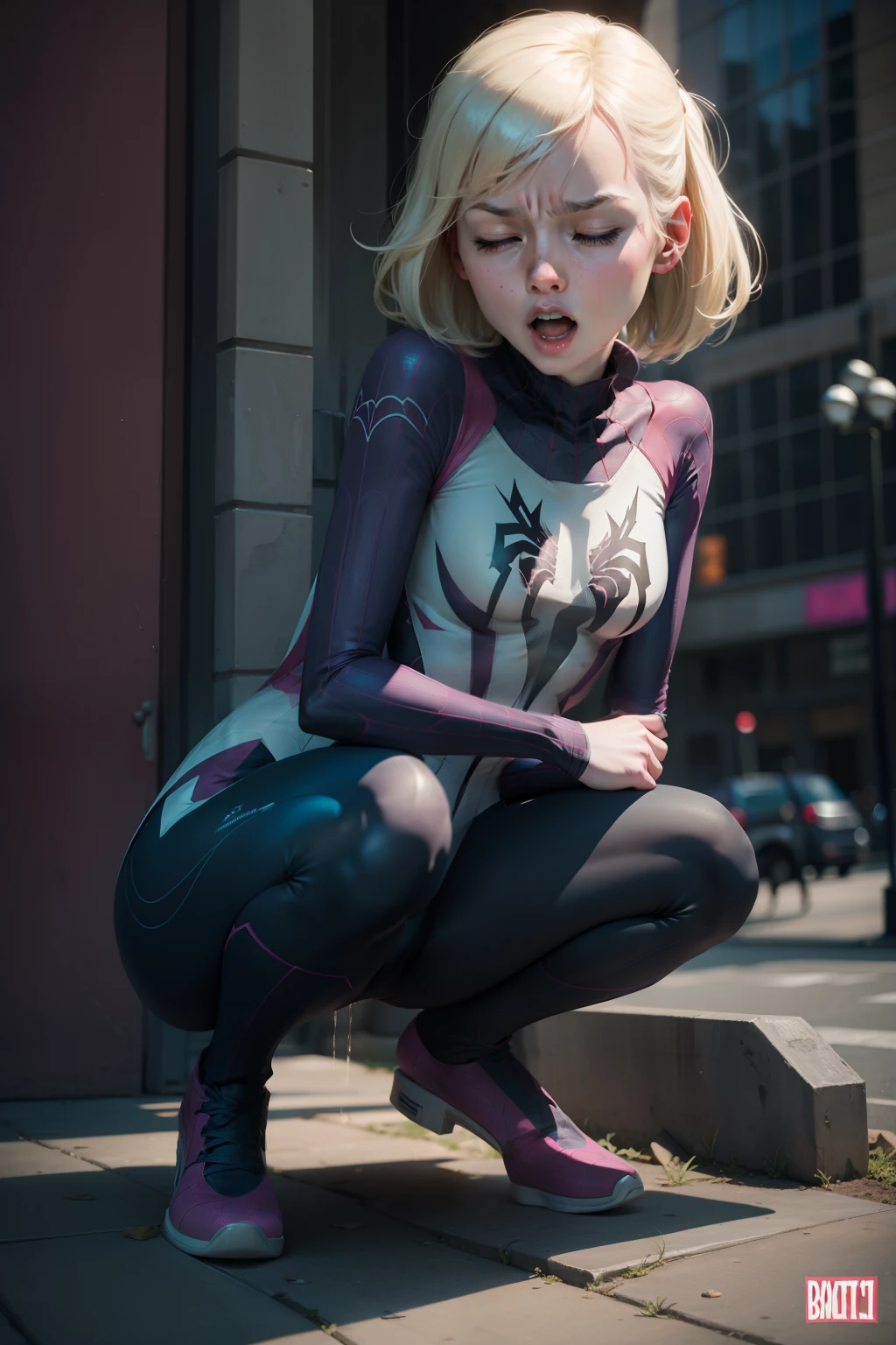 "gwen stacy, spidergwen, Detailed uniform, crouching, surprised face, closed eyes, open mouth".