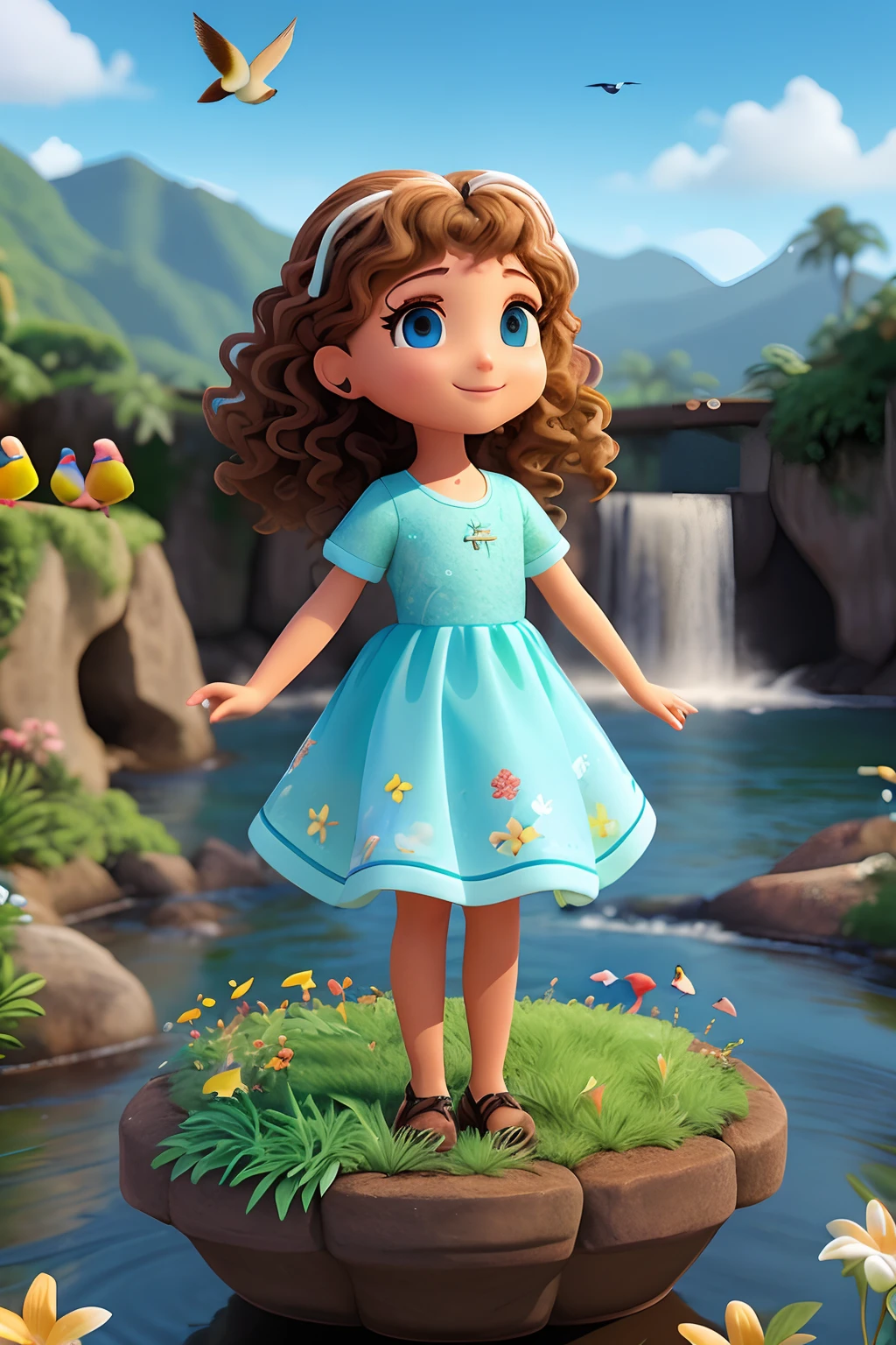 um lindo jardim com muitas flores coloridas, e muitos animais. and birds flying, e um lindo rio com aguas cristalinas e uma montanha no fundo, e uma pequena de 4 anos com vestido longo branco, olhos azuis e cabelos cacheados dourados cuidando de um passarinho que se machucou