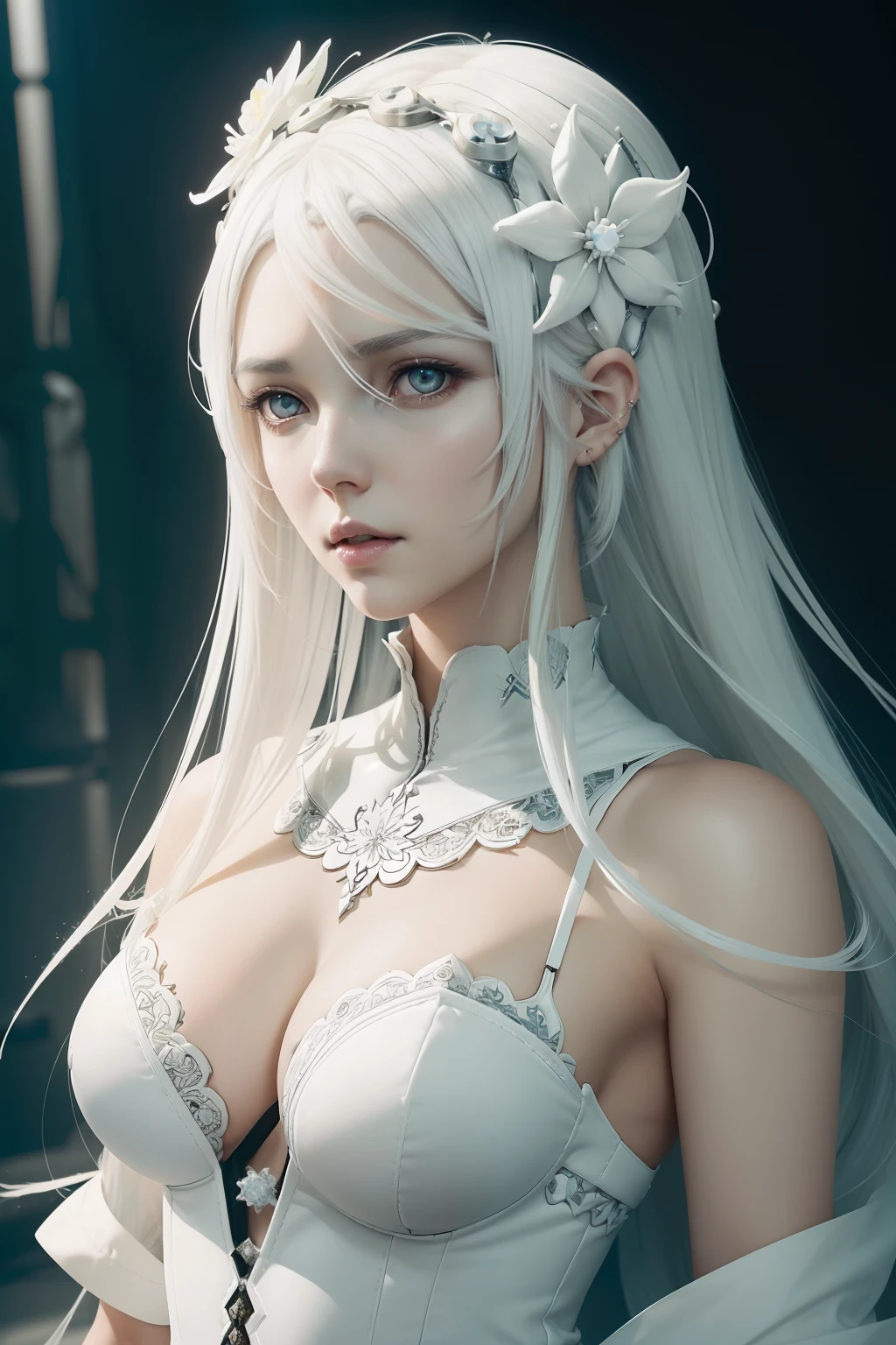 (((Drakengard style aesthetic))) bust to waist ((half body)) ((beauty shape)) perfect skin, hyperrealistic masterpiece, in extremely complex & superdetailed white plugsuit, cinematic illumination: 8k, symmetrical eyes, realistic, sharp focus, HD, highly detailed, intricate, photography, hyperrealism, hyperrealistic, film, studio portrait, detailed, dramatic lighting, (((white hair using ice flower hair clip)))