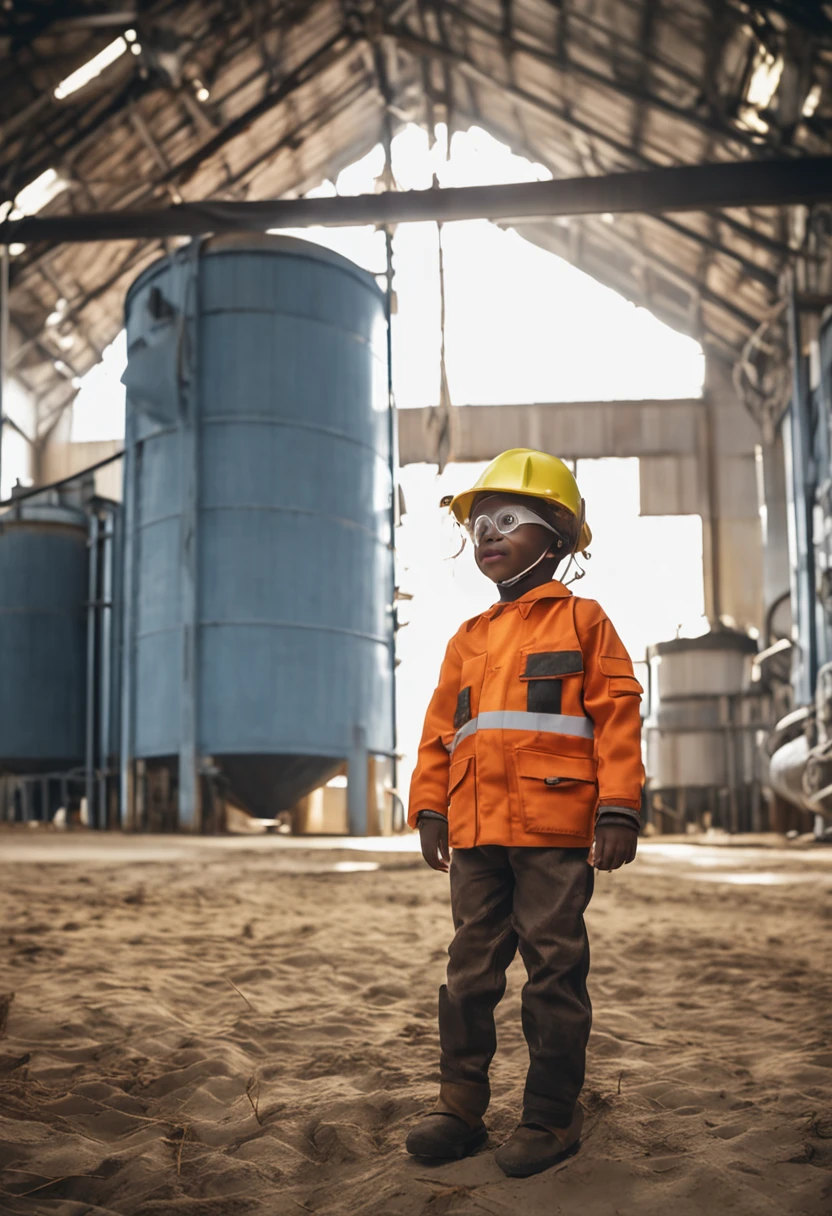 a black child dressed in PPE (capacete, corda, WMASK, eyeglass, Work safety clothing to enter the soy silo in Brazil), The environment has silos and grain dryer, hq anime, 4k, Realistic