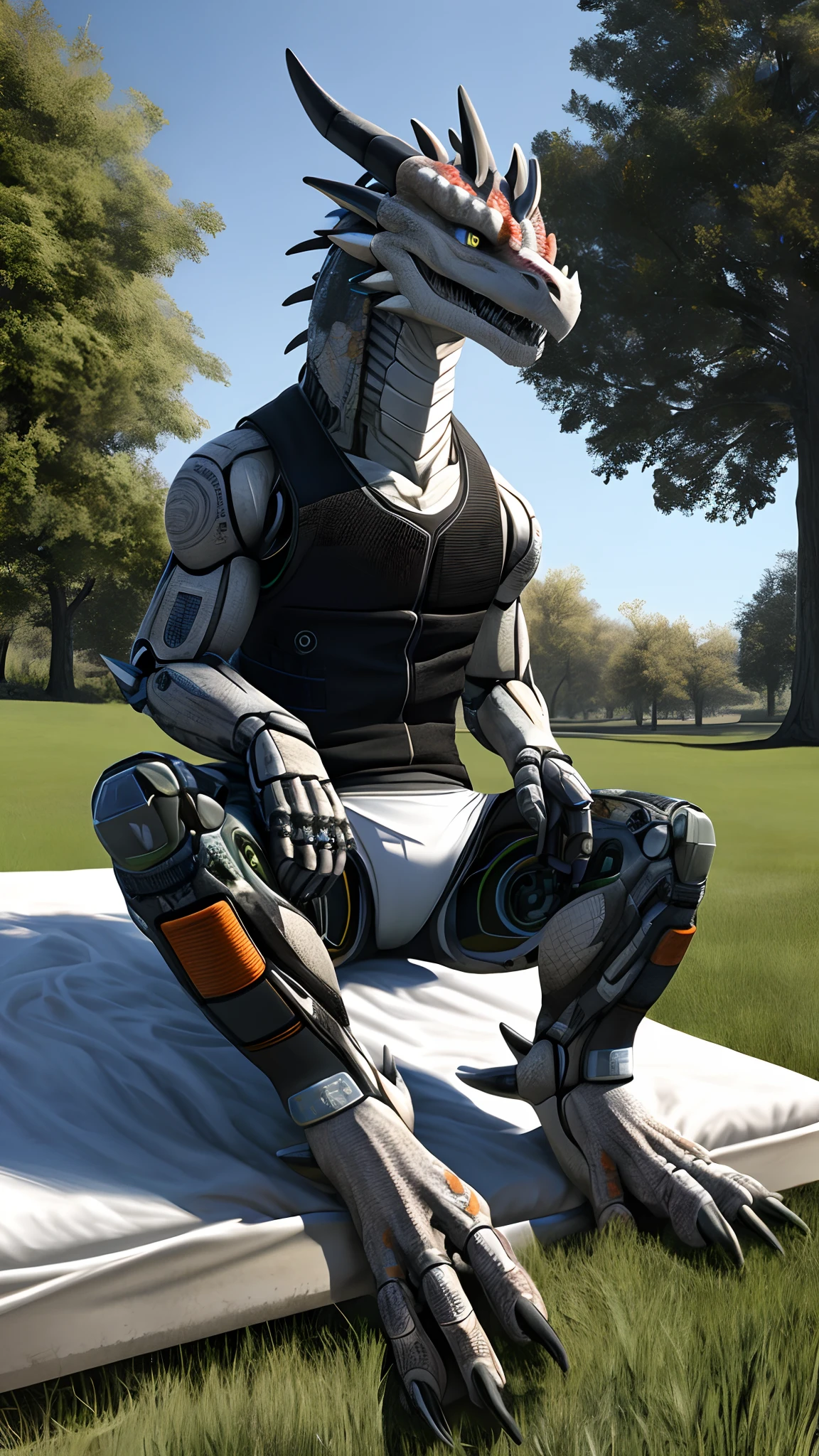 Bionic robot dragon,male,Gilet blanc,white panties,Sit on a bed in the park,HD graphics,Detailed and realistic,high detal,high qulity,photo-realistic,photorealistic eye,Detailed paws,Clear eyes,Masterpiece artwork