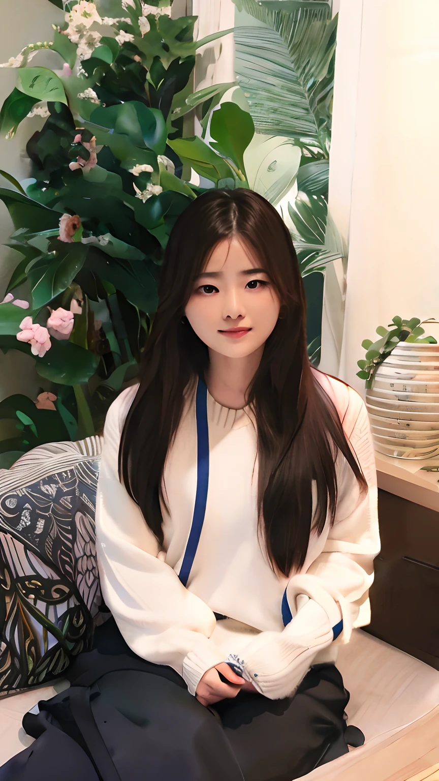arafed woman sitting on a couch with a plant in the background, jaeyeon nam, heonhwa choe, lee ji-eun, lee ji - eun, jinyoung shin, korean girl, park ji-min, gorgeous young korean woman, hwang se - on, beautiful south korean woman, kwak ji young, korean woman, sangsoo jeong