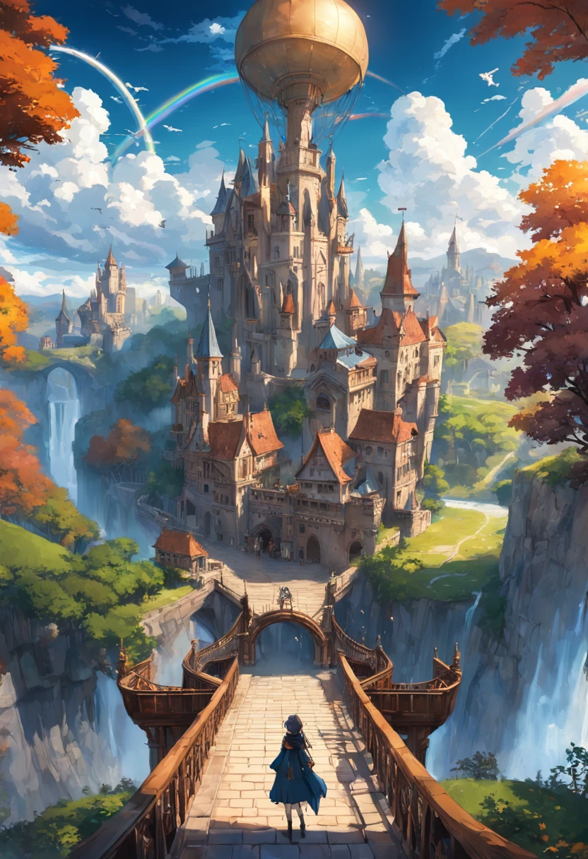 Cidade Steampunk, master part, best quality, alta qualidade, extremamente detalhado CG unidade 8k papel de parede, reino dos castelos medievais. scenecy, outono, ao ar livre, Rainbow, heaven, Cloud, dia, Landscape, prado, tree, blue skies, waterfall, Natureza, lago, um rio, Cloudy sky,fotografia premiada, Bokeh, profundidade de campo, HDR, florescer, chromatic aberration ,fotorrealista,extremamente detalhado, trending on ArtStation, trending in cgsociety, intrincado, High detail, Dramatic.