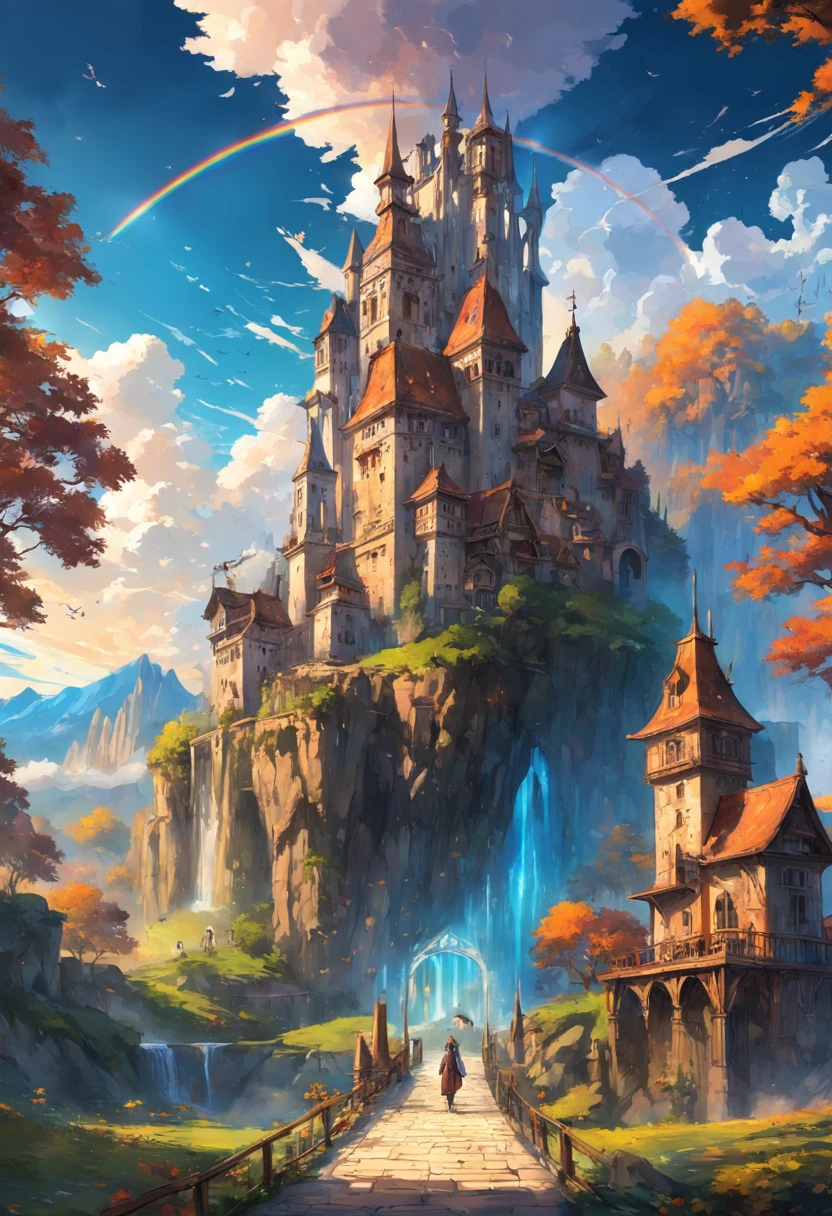 Cidade Steampunk, master part, best quality, alta qualidade, extremamente detalhado CG unidade 8k papel de parede, reino dos castelos medievais. scenecy, outono, ao ar livre, Rainbow, heaven, Cloud, dia, Landscape, prado, tree, blue skies, waterfall, Natureza, lago, um rio, Cloudy sky,fotografia premiada, Bokeh, profundidade de campo, HDR, florescer, chromatic aberration ,fotorrealista,extremamente detalhado, trending on ArtStation, trending in cgsociety, intrincado, High detail, Dramatic.