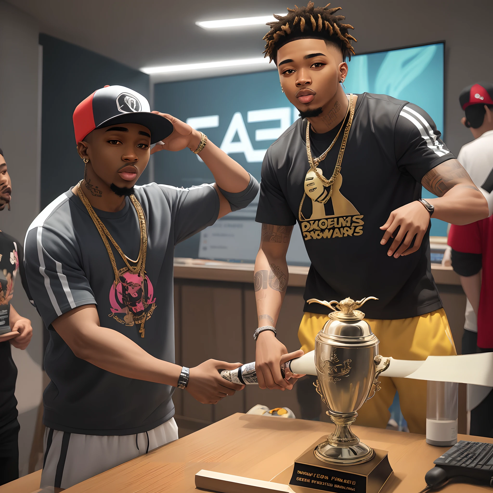 rapper receiving a drawing graphics trophy