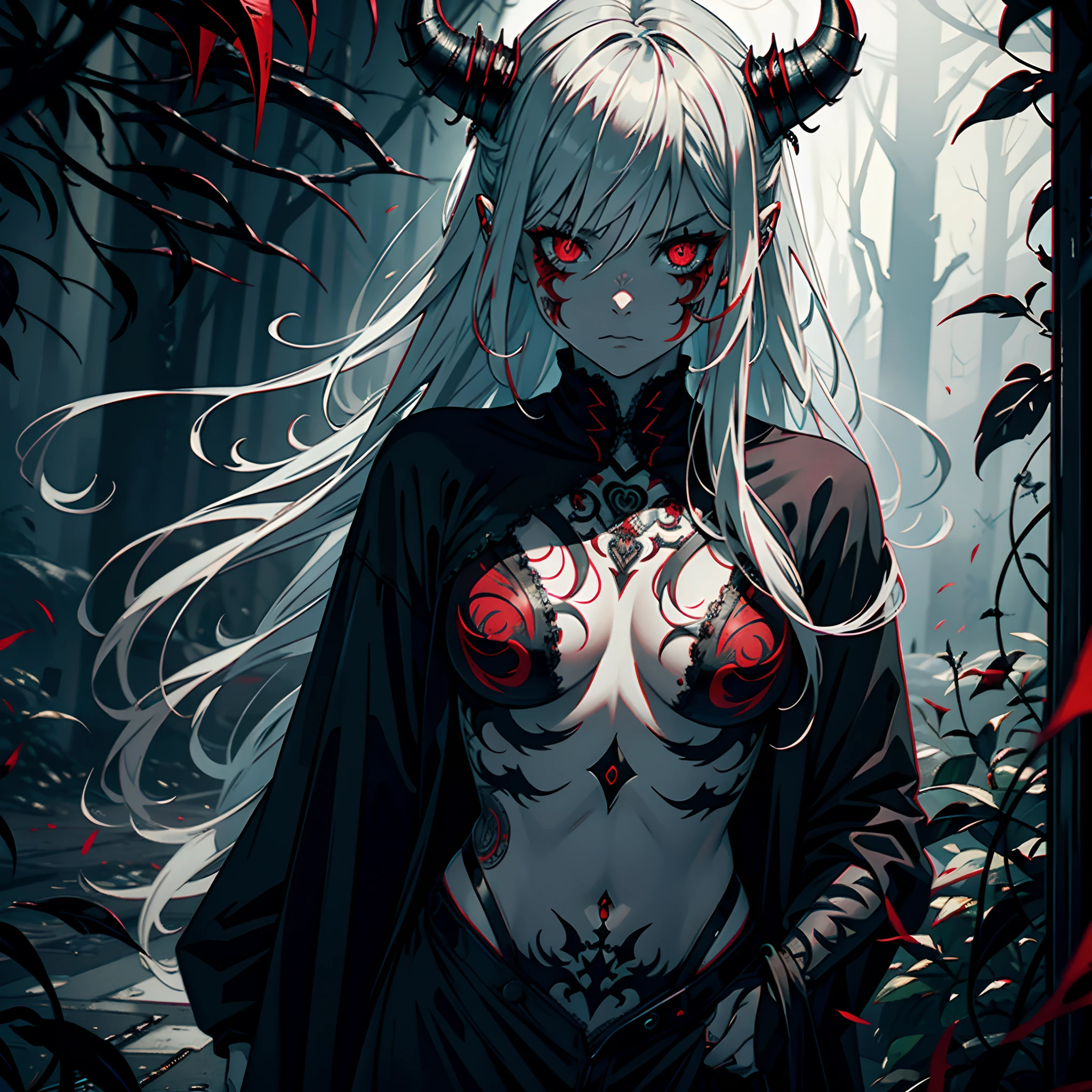 "Horror theme, demon girl with intricate tattoos, dark aesthetic, haunting gaze, piercing red eyes, flowing silver hair."