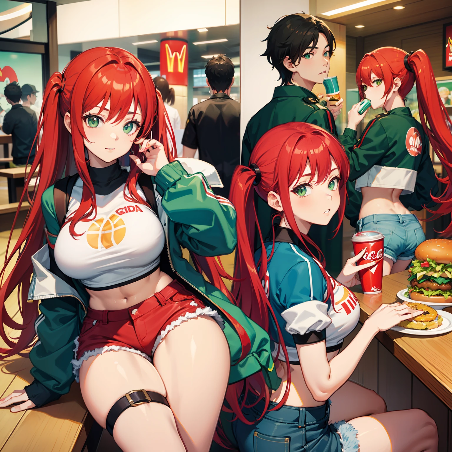 Full body shot, female asian Irina Shidou red hair twintails green eyes, in a McDonald's restaurant, wearing a bomber jacket and crop top and denim shorts, eating a cheeseburger and drinking a Coca-Cola, side shot, back shot, shot from backside, behind shot, masterpiece, highly detailed