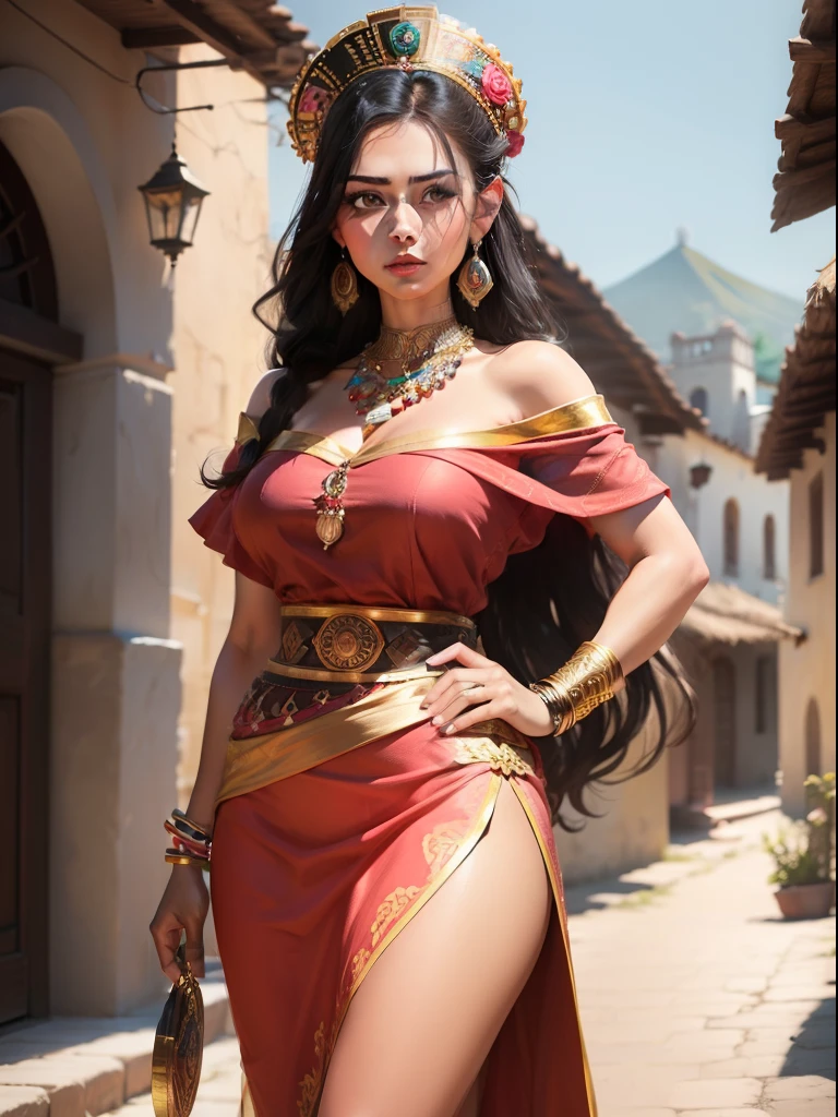 ((Masterpiece - Illustrations - Detailed - Best Quality)) - classic 50s Style - Alexander Gunin Style - insanely beautiful Mexican Woman - Aztec - Long Waiver Black Hair - Dark Brown Skin - pristine hazel eyes - Absolute Stunning Look - Traditional Wear Mexican clothing - pink Mexican skirt - sash at waist and abdomen - closed huaraches - gold bracelets, earrings and necklaces - imposing presence - flower petals in the environment - happy attitude - small Mexican village as the background.