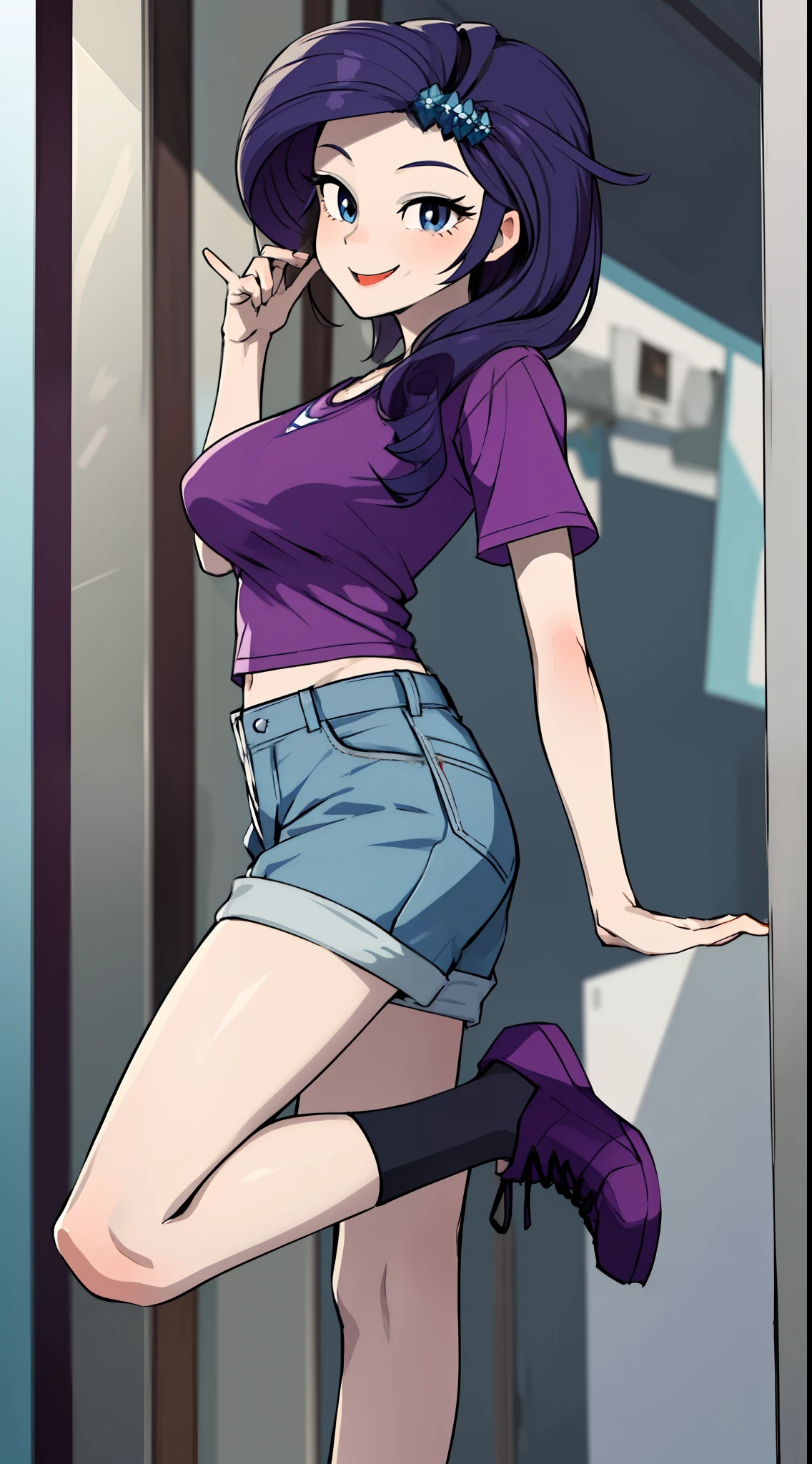 masterpiece,best quality,1girl,solo,mlprarity,colored skin,hair ornament,messy hair,purple hair,blue eyes, tomboy, tomboy outfit, tomboy clothes, manly clothes, posing, full body, smile, large breasts