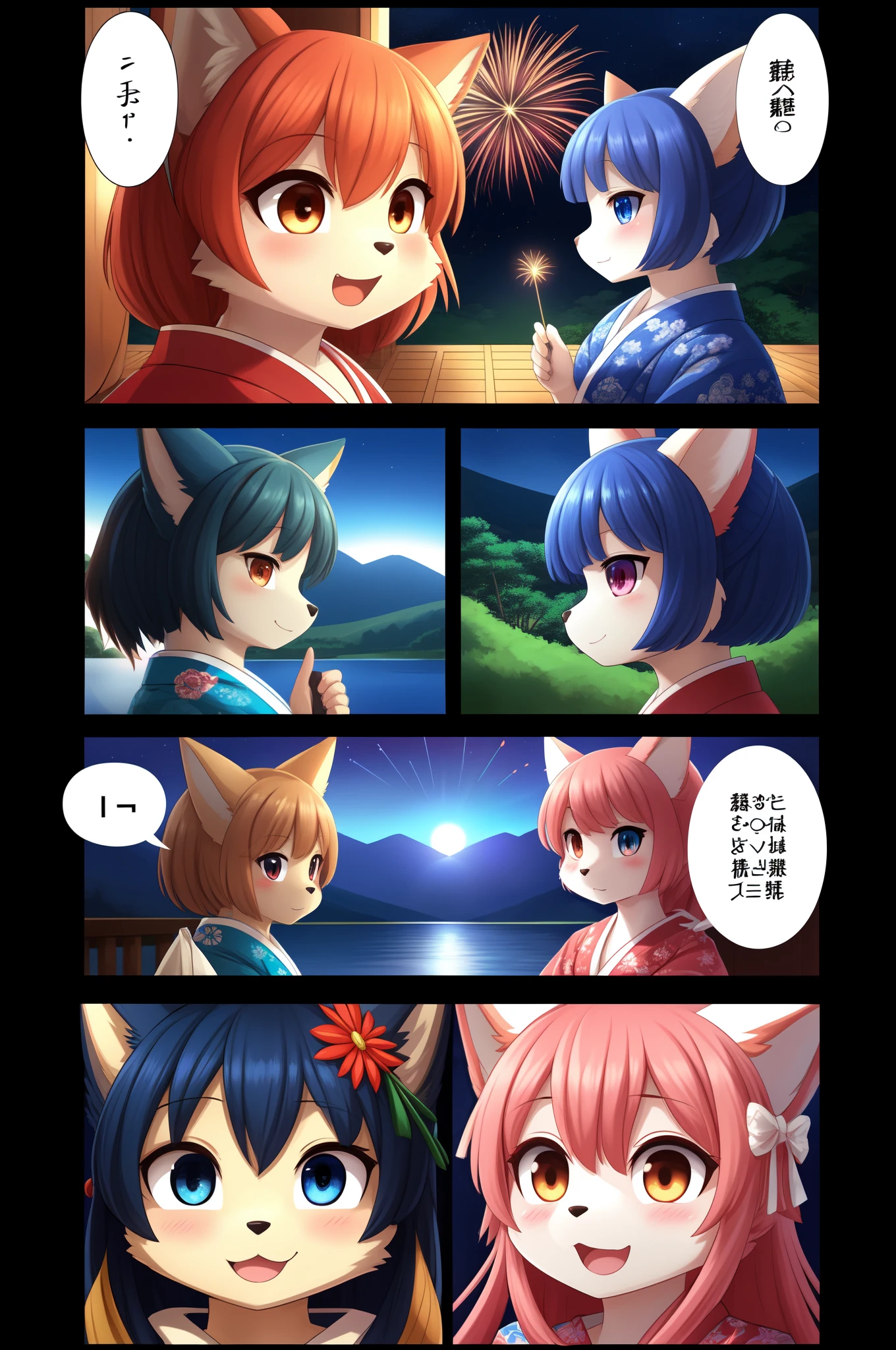top quality, best quality, highres, masterpiece, super high resolution, detailed background, lake, nigh sky, firework, japanese yukata, 6+boys, 6+girls, absurdres(highly detailed beautiful face and eyes)perfect anatomy, good lighting, cinematic shadow(kemono, furry anthro)assorted expressions, assorted poses, assorted angles, full body, upper shot, dynamic angle(girls comic-like panel layouts, speech balloon, English text, Hand-drawn sound effects stickers used in girls comic),