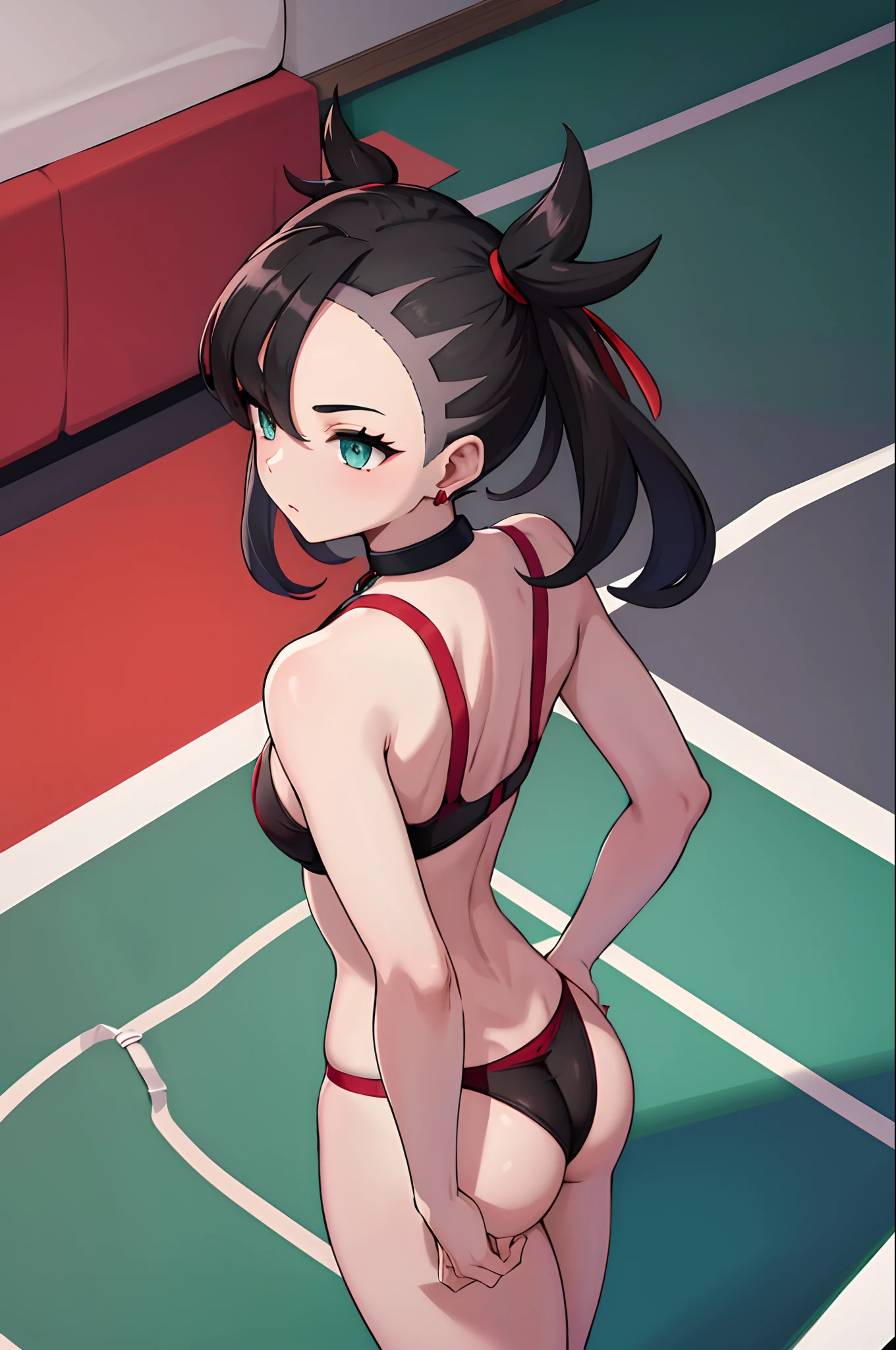 masterpiece, best quality, highres, hmmarnie, aqua eyes, black choker, red ribbon, earrings, jewelry, black bra, black thong, stadium, on a bed, rear ciew