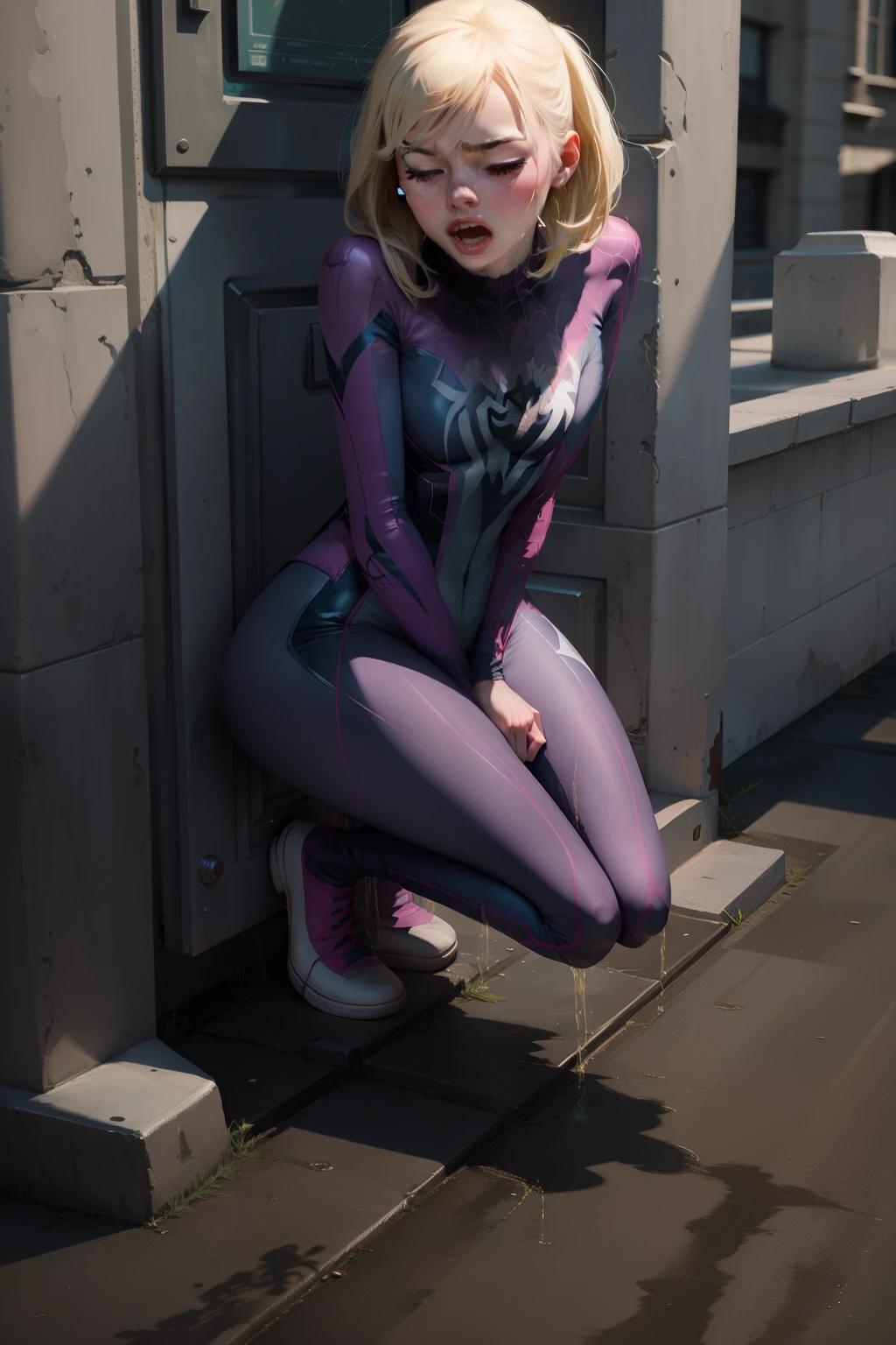 "gwen stacy, spidergwen, Detailed uniform, crouching, surprised face, closed eyes, open mouth".