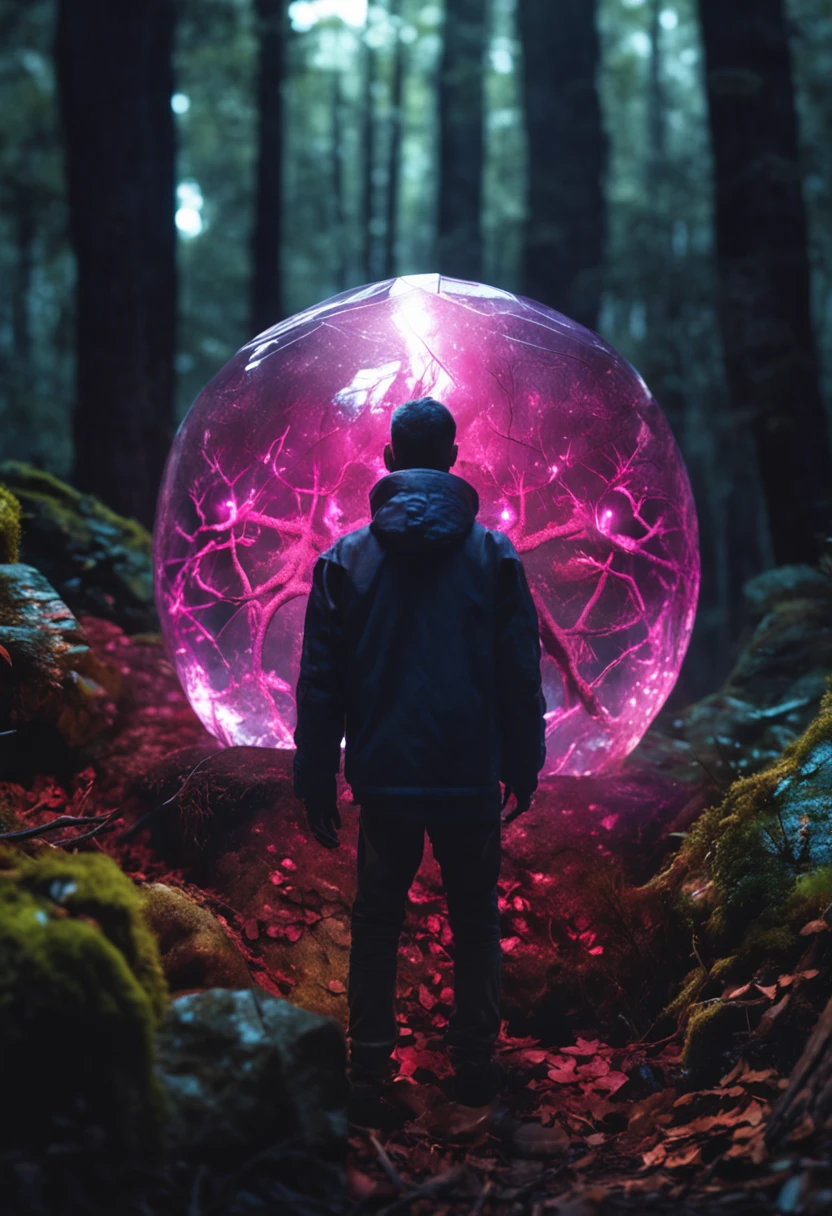 young man found a glowing crystal orb in a dark forest