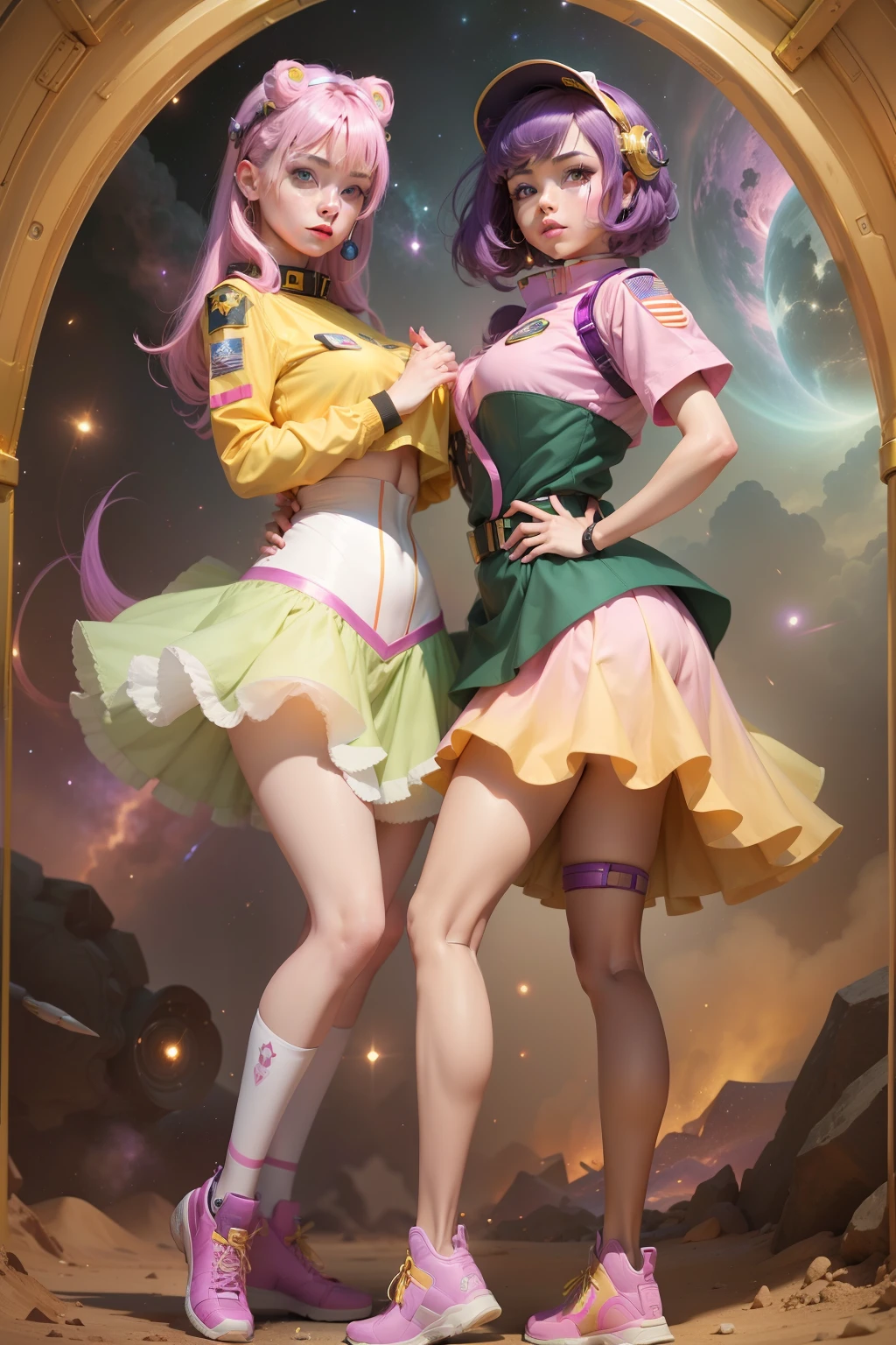 Cute space woman in multi-colors, skin flesh pink, hair violet-pink, uniforms purple and gold, background yellows, and army green 24k resolution hyperdetailed.