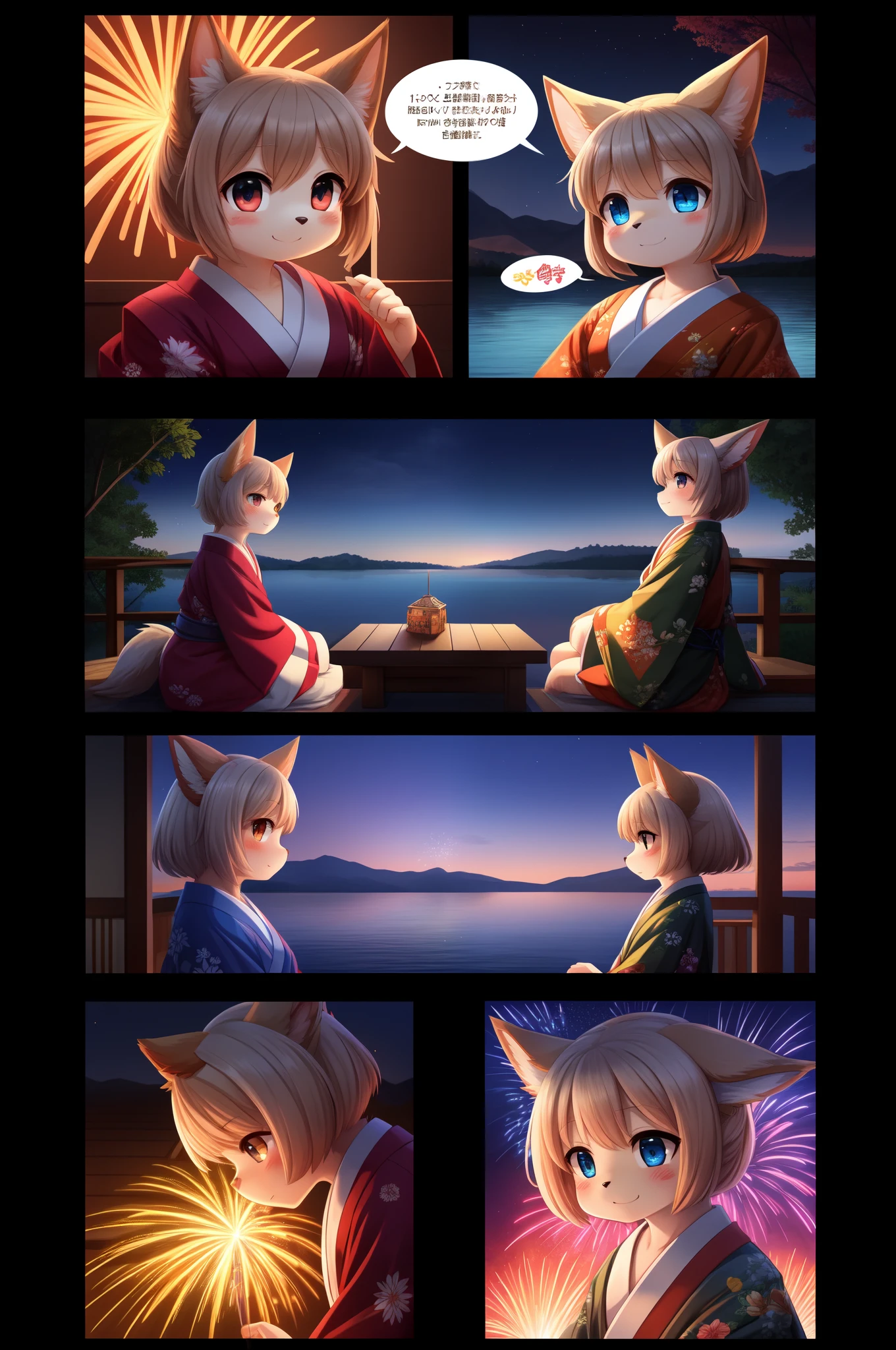 top quality, best quality, highres, masterpiece, super high resolution, detailed background, lake, nigh sky, firework, japanese yukata, 6+boys, 6+girls, absurdres(highly detailed beautiful face and eyes)perfect anatomy, good lighting, cinematic shadow(kemono, furry anthro)assorted expressions, assorted poses, assorted angles, full body, upper shot, dynamic angle(girls comic-like panel layouts, speech balloon, English text, Hand-drawn sound effects stickers used in girls comic),