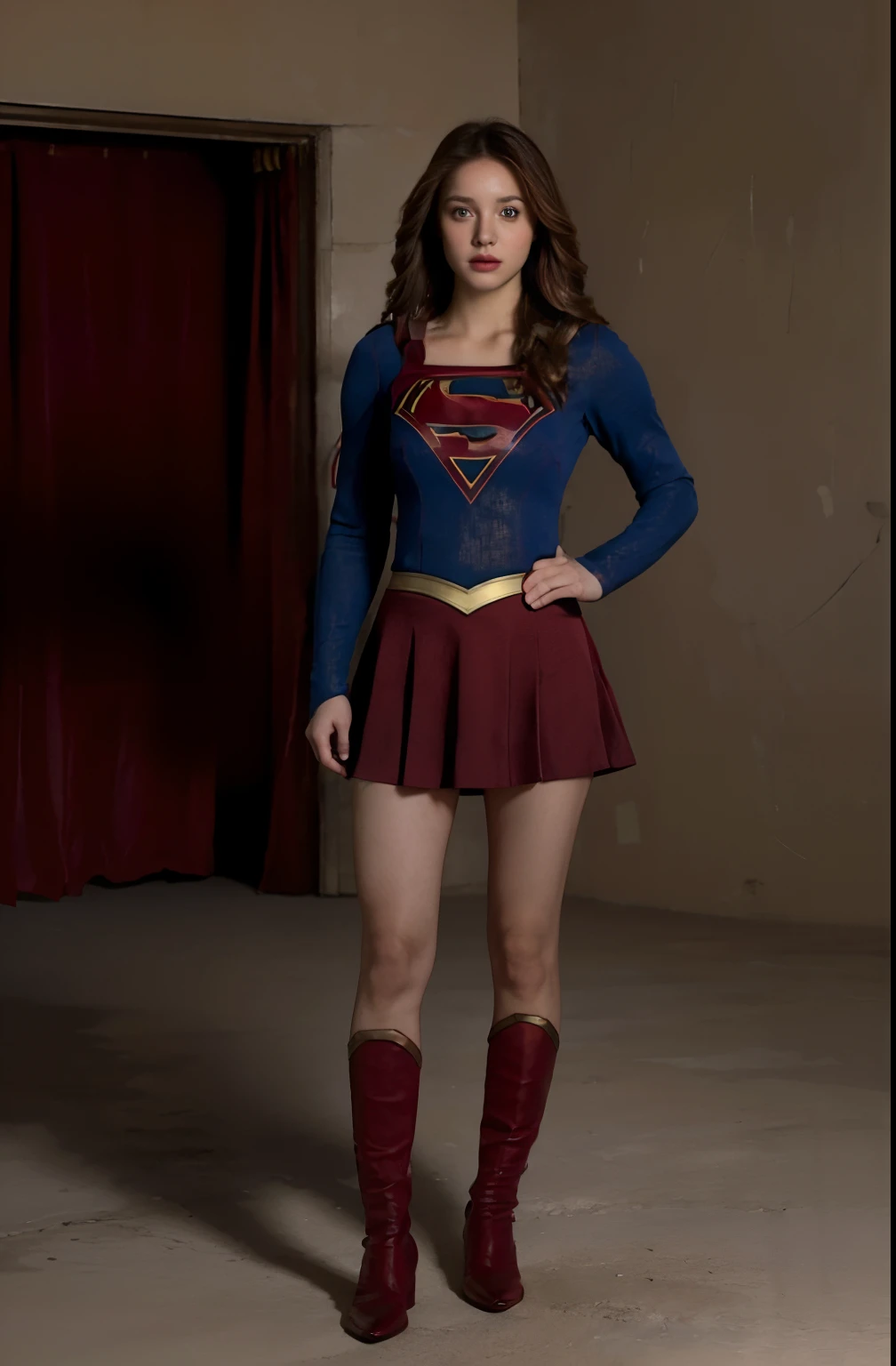 (hyperrealistic), (illustration), (high resolution), (8K), (extremely detailed), (best illustration), (beautiful detailed eyes), (best quality), (super detailed), (masterpiece), (wallpaper), (detailed face), solo, (dynamic pose), 1 girl, white wavy hair, European, heterochromic eyes, small moles under the eyes, (supergirl) ((supergirl costume with very short red skirt)), big breasts, long legs with red heel boots until below of knee, legs bestride