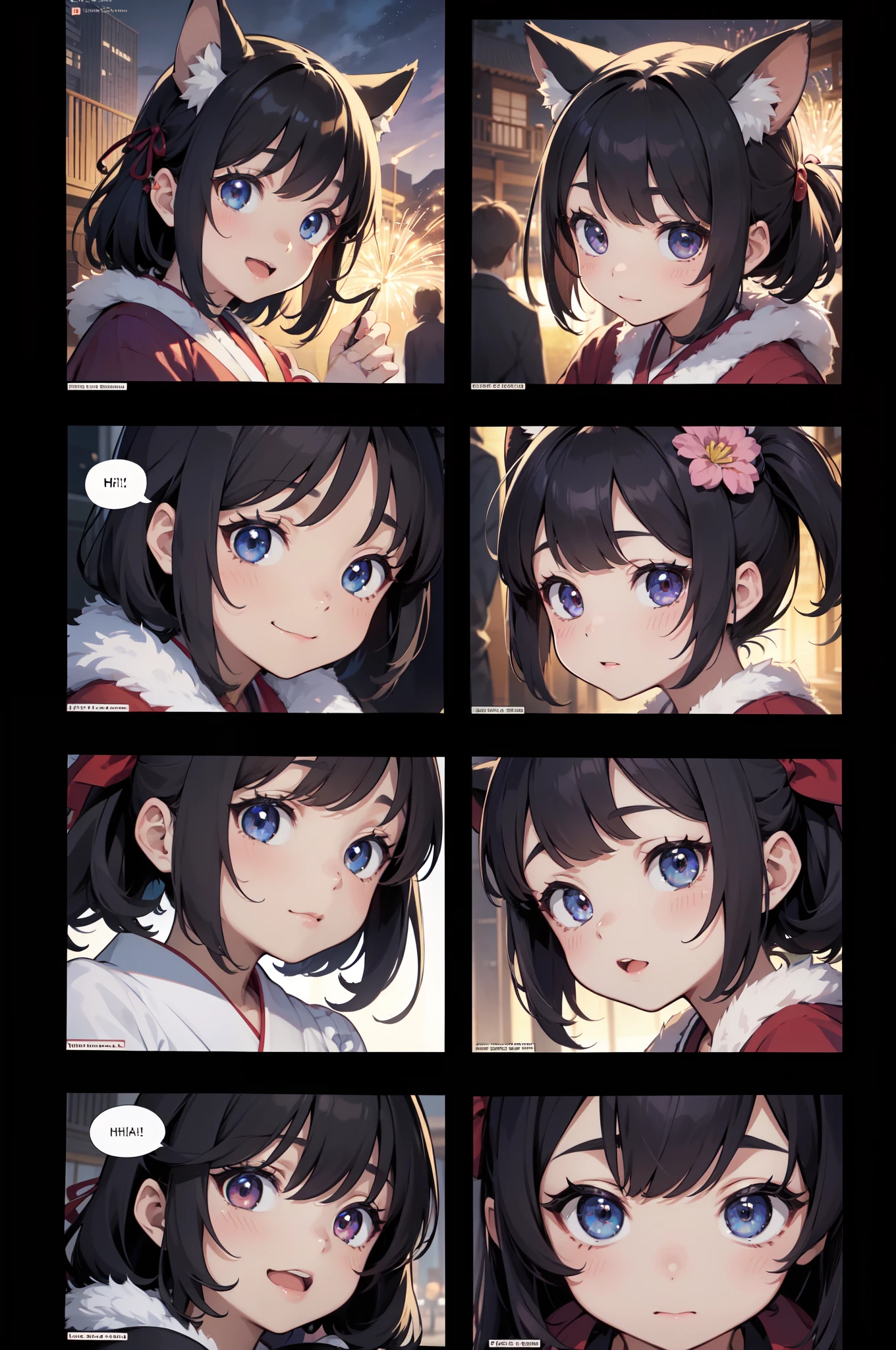 top quality, best quality, highres, masterpiece, super high resolution, detailed background, lake, nigh sky, firework, japanese yukata, 6+boys, 6+girls, absurdres(highly detailed beautiful face and eyes)perfect anatomy, good lighting, cinematic shadow(kemono, furry anthro)assorted expressions, assorted poses, assorted angles, full body, upper shot, dynamic angle(girls comic-like panel layouts, speech balloon, English text, Hand-drawn sound effects stickers used in girls comic),