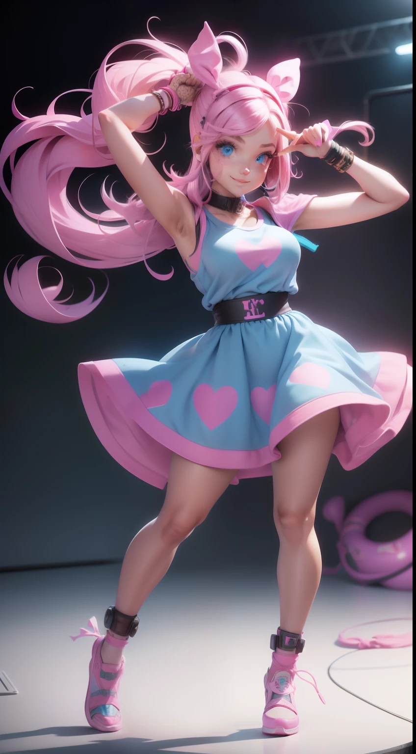 Barbie, ((full bodyesbian)), Blue eyes, Smiling face, Loose hair is blown by the wind, Hip hop artist pose, Dress in hip-hop style, Wear it with a pink T-shirt, ((Hand modern microphone)), He wears a pink bow on his arm, Fashion, Extremely high quality, High details, 8K, 64k, Clean background, In the studio, ((Full body shot)),