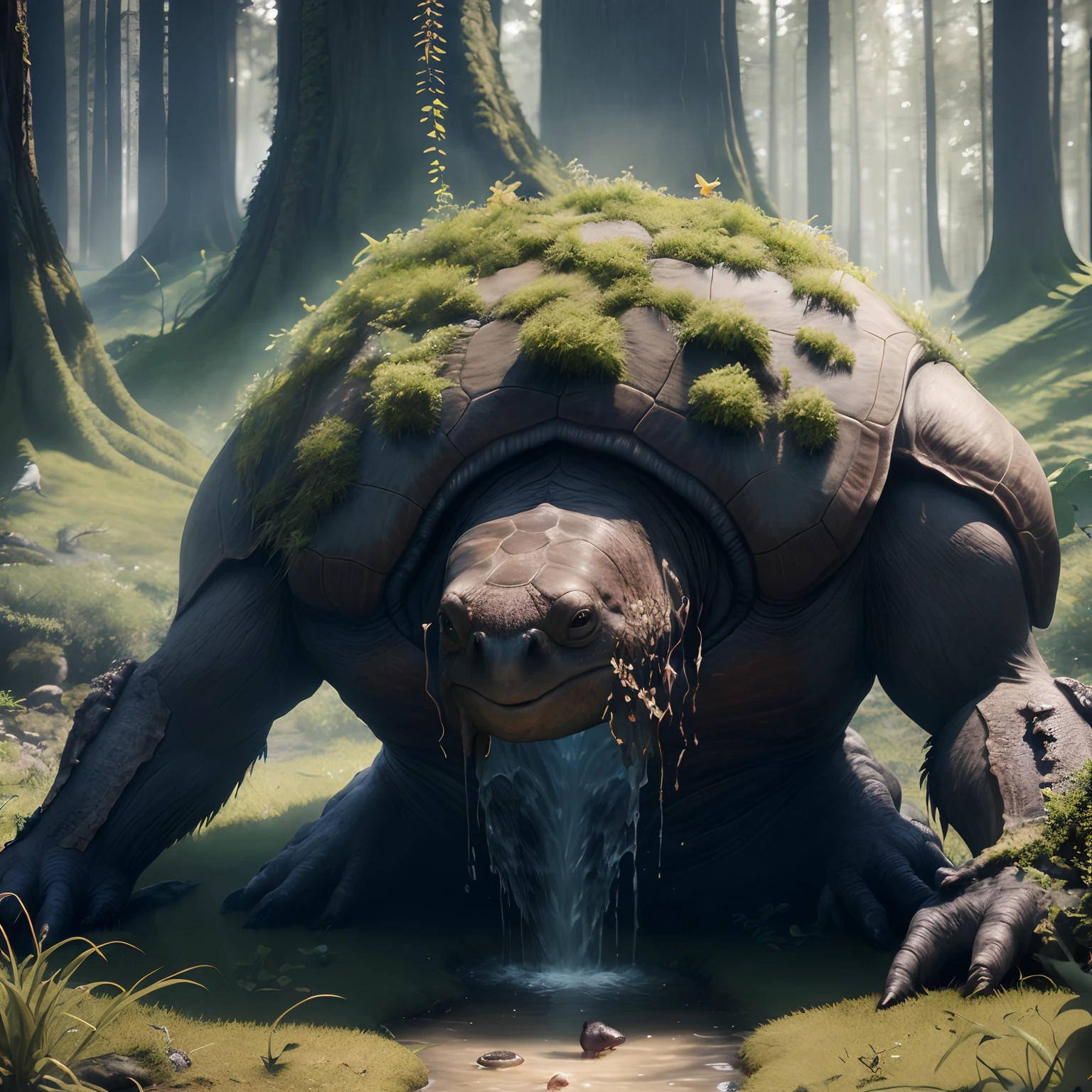 There is a turtle that is sitting on the grass near a waterfall, realistic fantasy rendering, arte conceitual altamente realista, rolands zilvinskis 3d render art, Arte de fantasia 4k, tardigrade statue in the forest, Papel de parede de arte conceitual 4K, aventura render hiper realista, arte conceitual ultra realista, Arte de fantasia 8k, No estilo de arte de Filip Hodas