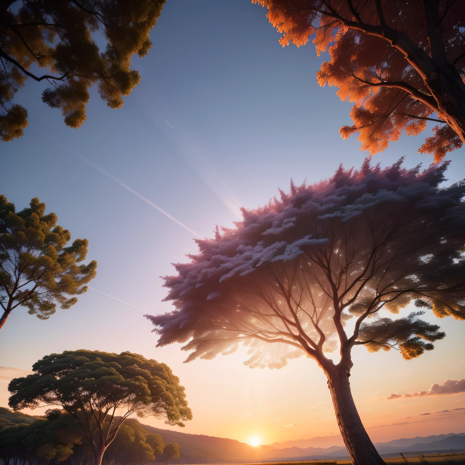 No horizonte que desperta para um novo dia, The scene unfolds with a majestic blue sky. Soft shades of pale pink, laranja dourado e violeta gentilmente se misturam, creating a celestial tapestry that looks like it's made of dreams. A luz faz No primeiro plano, um campo sereno e coberto de orvalho Um riacho serpenteia graciosamente pelo campo, its sparkling waters capturing the rays of the rising sun. A corrente suave parece murmurar palavras de enc No centro de toda essa beleza natural, A young tree rises with a resilient dignity. Its branches extend toward the sky, Forming arabesques of hope against the celestial screen. Suas folhas tremulam suavemente ao sopro da brisa matinal, as if greeting the dawn with renewed gratitude.