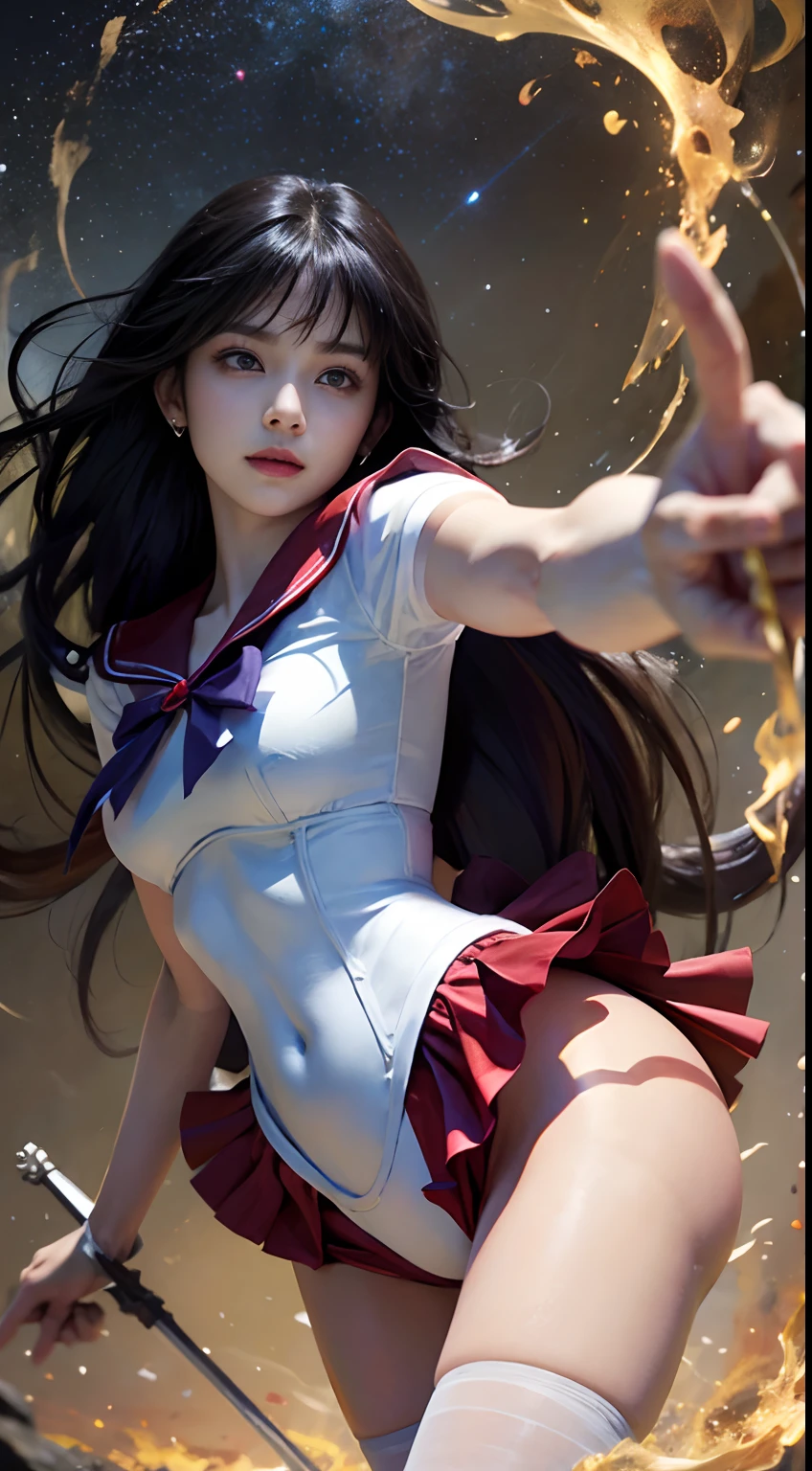 A fire-rei that matches the original painting of Sailor Moon, delicate face, purple bow, sailor Mars fireno-rei, full body, Japanese sailor suit, white V-neck top, high-waisted red short skirt, skirt covering the butt, flesh-colored oily stockings to the waist, white combat gloves, warrior costume, short top, , gold trim, star brooch, front split design, red bow on head, combat gloves, white high boots, shin guards with flame pattern, belt detail, high-quality texture, bright colors, original manga character setting, small man's waist ,, Golden Ratio, Tall Long Legs, Vivid Expression, Charming Eyes, Delicate and Soft Skin, Long Black Hair, Dynamic Hairstyle, Smoky Makeup, Colorful Background, Shining Starry Sky, Gorgeous Cityscape with Rich Colors, HD Details, Exquisite Rendering, Stereoscopic, Realistic Image, Use of Light and Shadow, Watery Big Eyes, (Blade Eyebrows: 0.1), (High Nose Bridge: 0.6), (smile: 0.6), long red hair, (big breasts: 1.1), red eyes, sexy, (big buttocks), sheer cardigan, slim, (masterpiece: 1.2, superb), realistic, skinny, 22 years old, (real shot, fine crafted, depth of field), (1girl, solo), makeup, noble, elegant, blush, dignified, proud, confident, (fair and shiny skin), mature, (thin), (big ass: 1.3), bonny, (small mouth), black super long hair, wet body, red bow on clothes, gold headwear, ultra HD, 8k, best light and shadow, best shadow, depth of field, lots of colored bubbles, elevation view, long leg visual effect, (extended leg: 1.2), perspective enhancement, kicking action, fire special effects, seaside, sunny day, water ripple refraction, character standing in the dojo