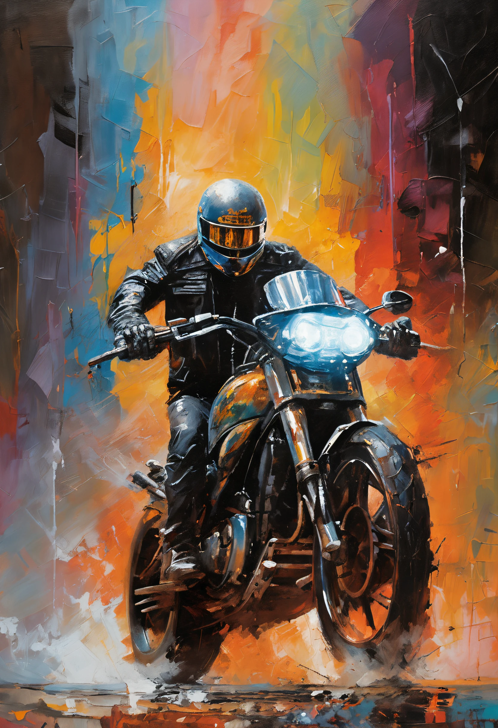 {Best quality}, {{Masterpiece}}, {A high resolution}, Original, Extremely detailed 8k wallpaper, A man wearing a police motorbike helmet, Terminator 2, Judgement day, science fiction writer style, adventure, mega city, grasping power