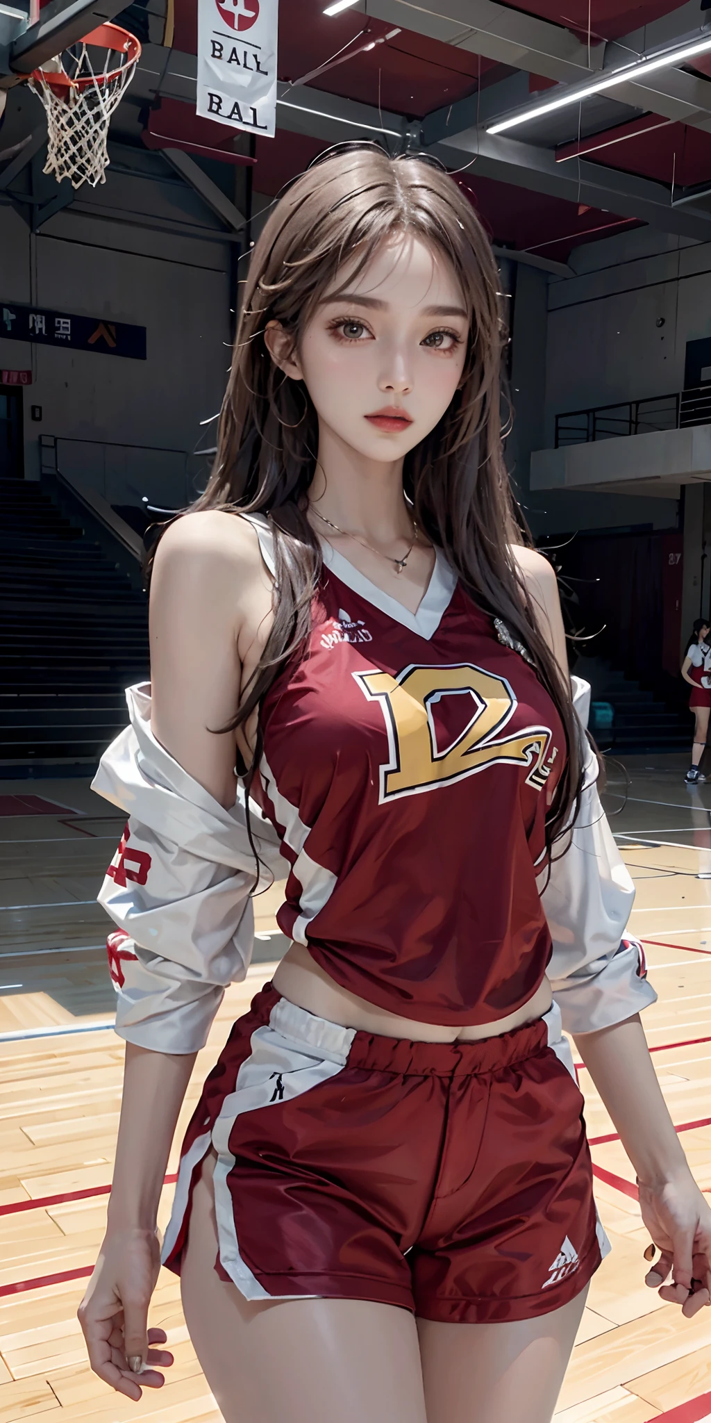 （​masterpiece、超A high resolution、top-quality、high-level image quality、8K、4K、Detailed body、A detailed eye、Detailed mouth、A detailed face:2）、（（cowboy  shot、masturbation, masturbation，SEX，cum shots，Sperm，AHE Face、Inter-strands,，uterus，Cum swallowing，Bukkake，perspiring，red blush、 ））、full body Esbian:1.5、（open one's legs、Basketball Uniforms、Brown hair:1.2）