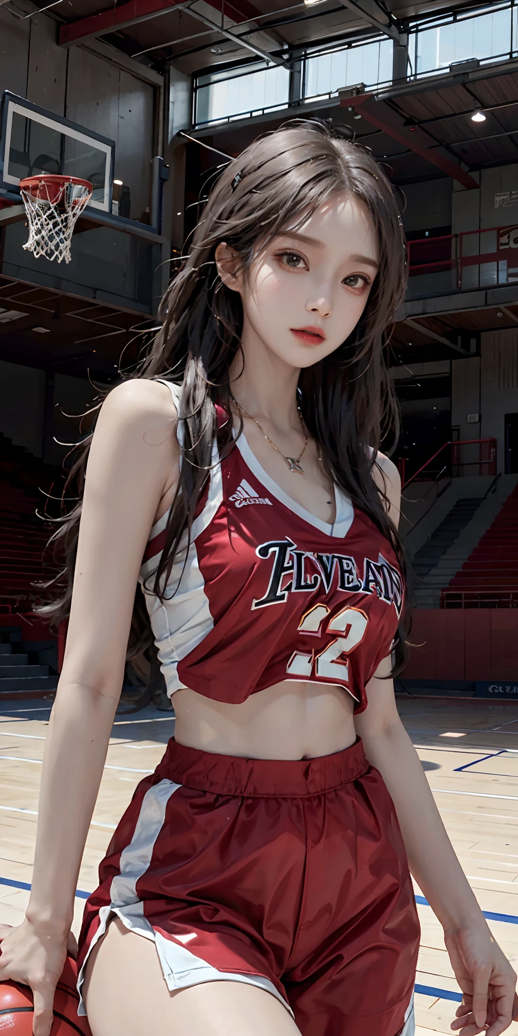 photorealistic, high resolution, soft light,1women, solo, hips up, (detailed face), jewelry, jewelry, tattoo, Red Basketball Uniform、Luxurious indoor sports stadium、basketball court