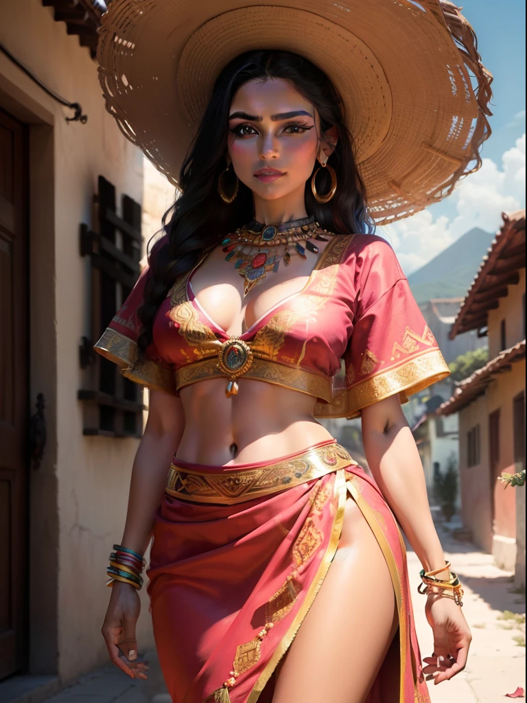 ((Masterpiece - Illustrations - Detailed - Best Quality)) - classic 50s Style - Alexander Gunin Style - insanely beautiful Mexican Woman - Aztec - Long Waiver Black Hair - Dark Brown Skin - pristine hazel eyes - Absolute Stunning Look - Traditional Wear Mexican clothing - pink Mexican skirt - sash at waist and abdomen - closed huaraches - gold bracelets, earrings and necklaces - imposing presence - flower petals in the environment - happy attitude - small Mexican village as the background.
