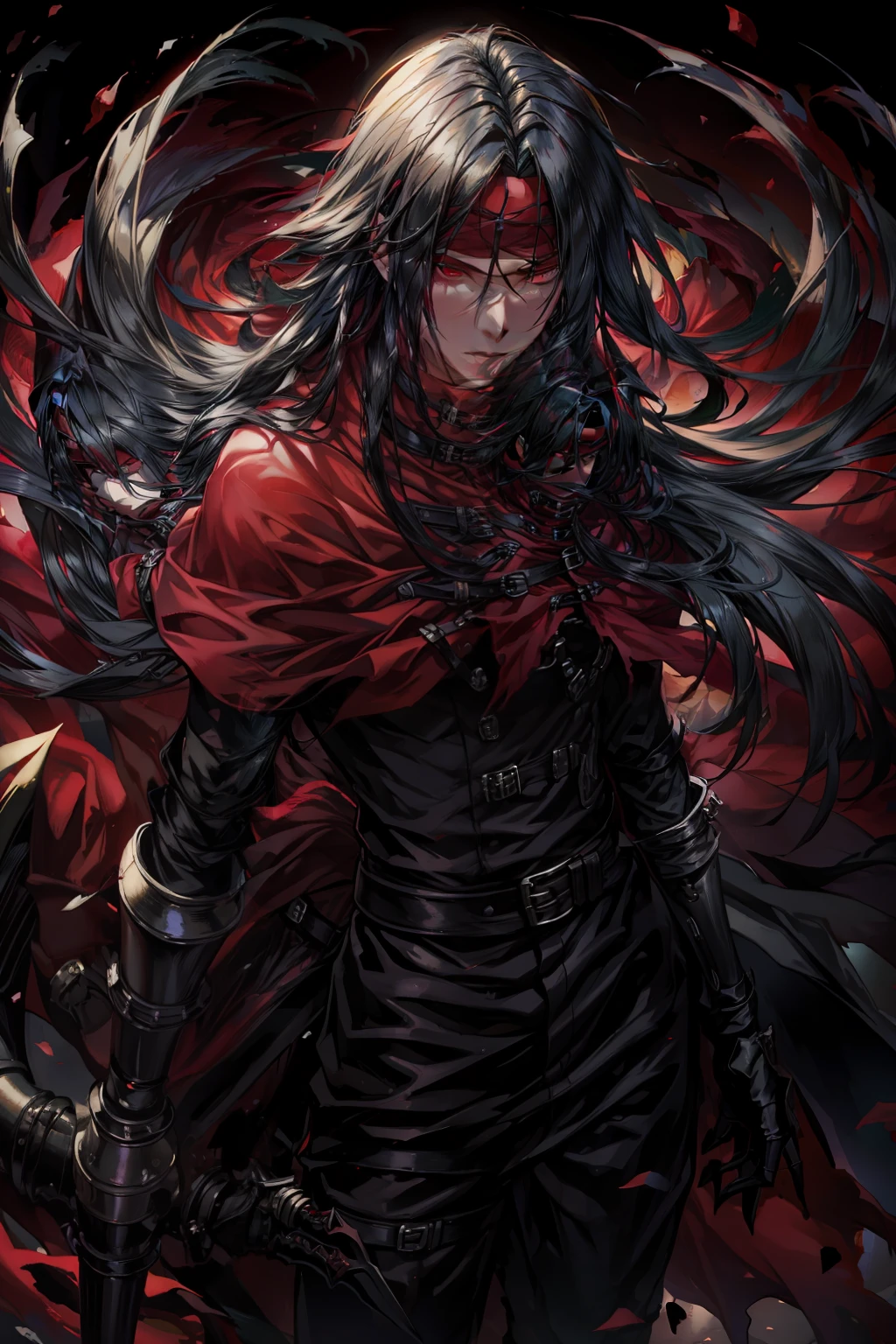 long black hair, red eyes, red cloak, red headband, VincentValentine, final fantasy, dark vitorian cathedral background