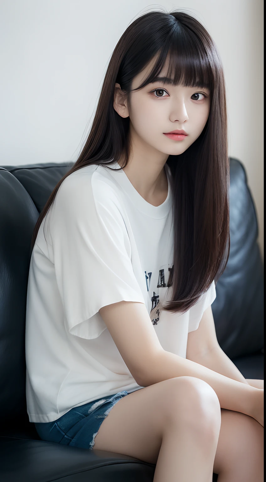 4K、top-quality、masutepiece、18 years old, Japan Female、Face like an idol、A dark-haired、With bangs、Long Princess Cut Hair、White long with logoTThe shirt、Tattoos on both arms、a miniskirt、Sit on the sofa、