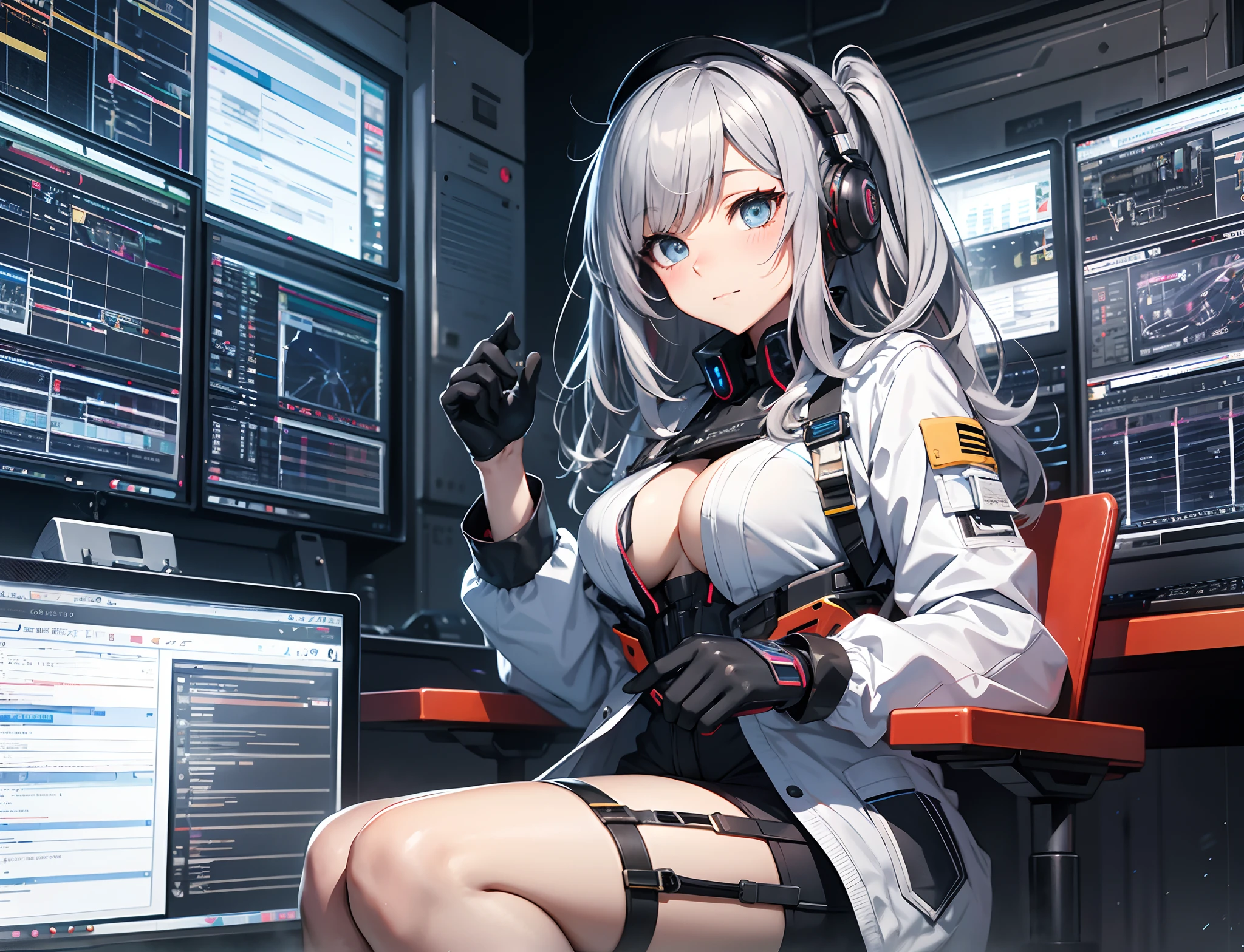 Absurd resolution, High resolution, (masutepiece: 1.4), Hyper-detailing, Young silver-haired woman dressed as technician, Blushing、Anxious look, neons、Sitting in a very narrow and closed mech control room