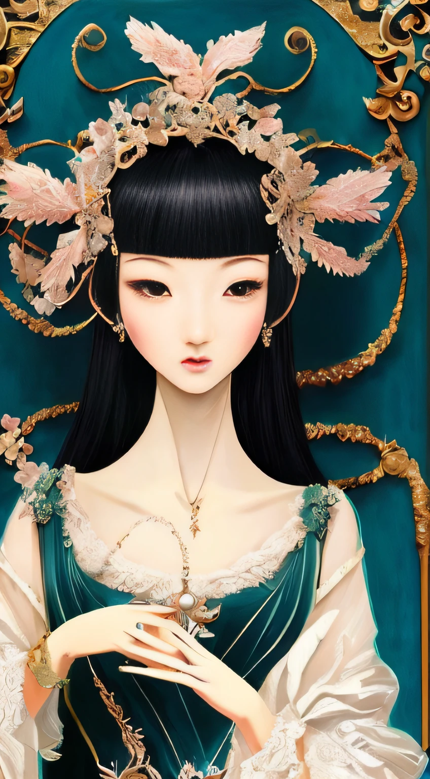 "(unity 8k wall paper、ultra-detailliert、Beautifully Aesthetic、masterpiece、top-quality)、((Beautiful oil painting style))、masutepiece, Fractal Art、beautiful lighting, Madame de Pampadour, Super cute 18 year old girl, perfect beautiful body, Staring straight ahead、gently smiling, (gorgeous costumes), Glittering decoration, 17th century, Baroque style"